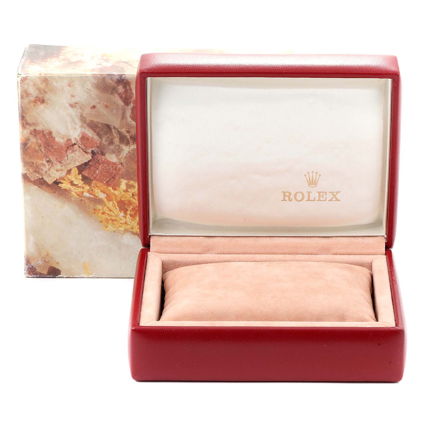 The image shows the open box and cushion of a Rolex 69173 Women's Steel and Gold (two tone) Beige Dial 69173 Women's Steel and Gold (two tone) Beige Dial Datejust Steel Yellow Gold Anniversary Dial Ladies Watch 69173.