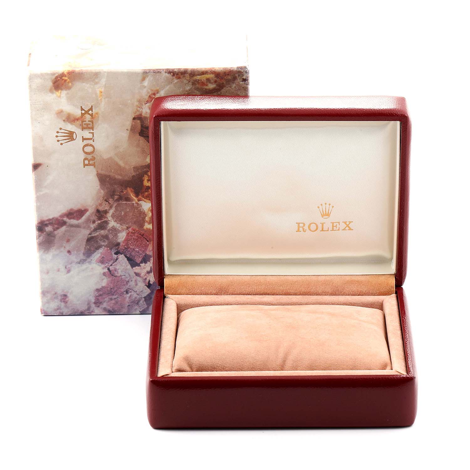 The image shows an empty Rolex 69173 Women's Stainless Steel Beige Dial 69173 Women's Stainless Steel Beige Dial watch box for the Datejust Steel Yellow Gold Anniversary Dial Ladies Watch 69173 model.