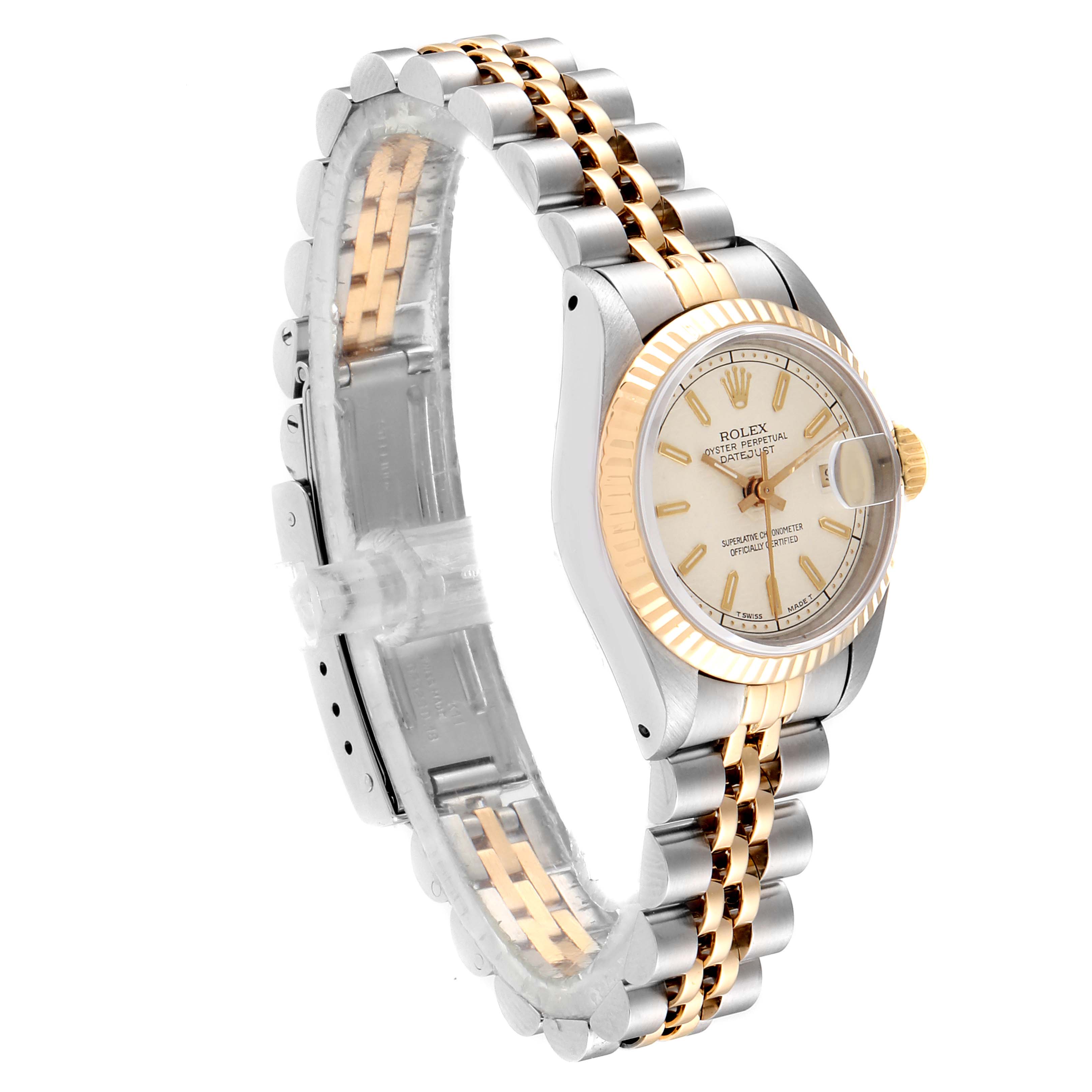 This is a side angle view of the Rolex 69173 Women's Stainless Steel Beige Dial 69173 Women's Stainless Steel Beige Dial Datejust Steel Yellow Gold Anniversary Dial Ladies Watch 69173, showcasing the dial and bracelet.
