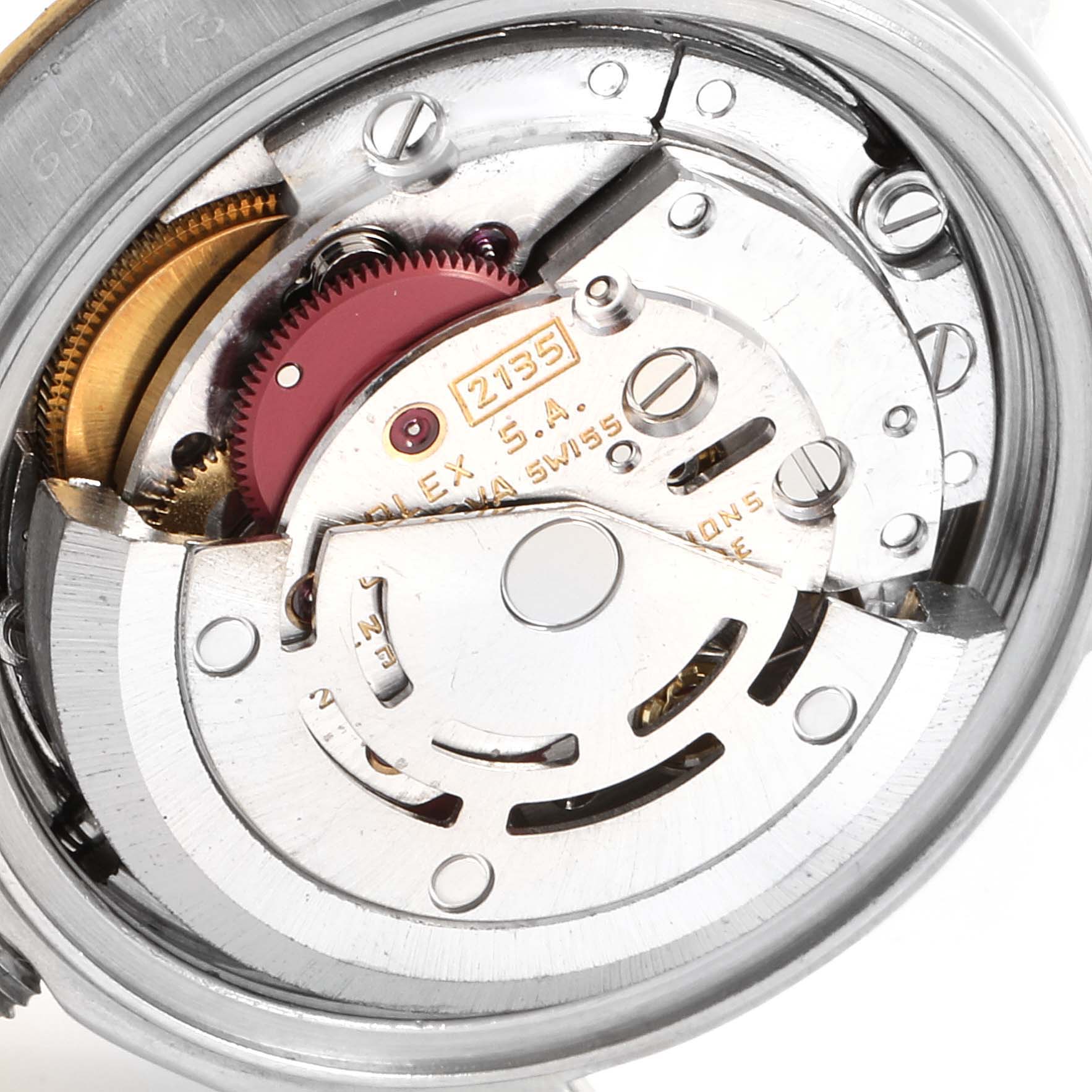 The image shows the internal mechanism of a Rolex 69173 Women's Stainless Steel Beige Dial 69173 Women's Stainless Steel Beige Dial Datejust Steel Yellow Gold Anniversary Dial Ladies Watch 69173 model.