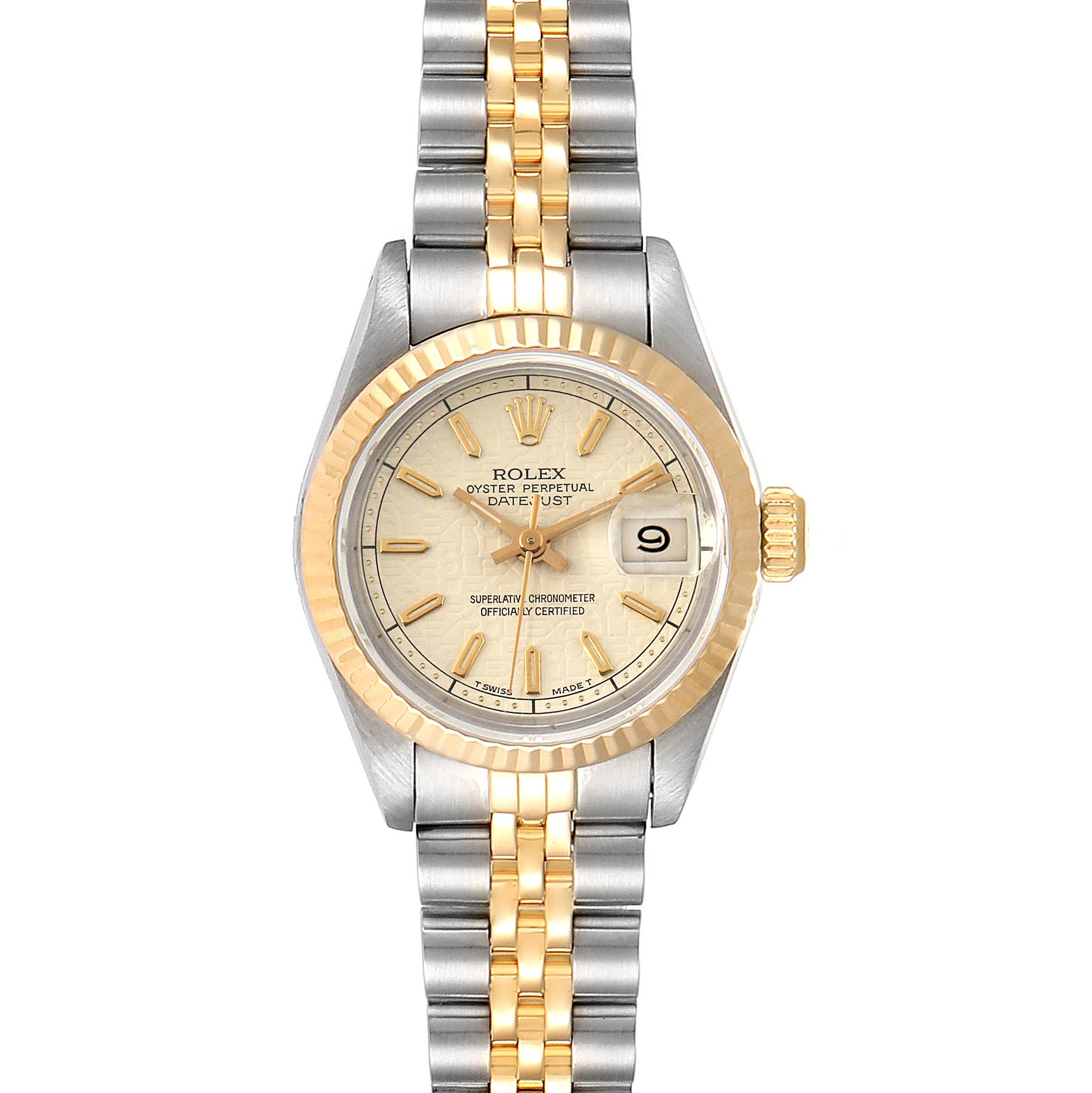 The image shows the front view of the Rolex 69173 Women's Stainless Steel Beige Dial 69173 Women's Stainless Steel Beige Dial Datejust Steel Yellow Gold Anniversary Dial Ladies Watch 69173.
