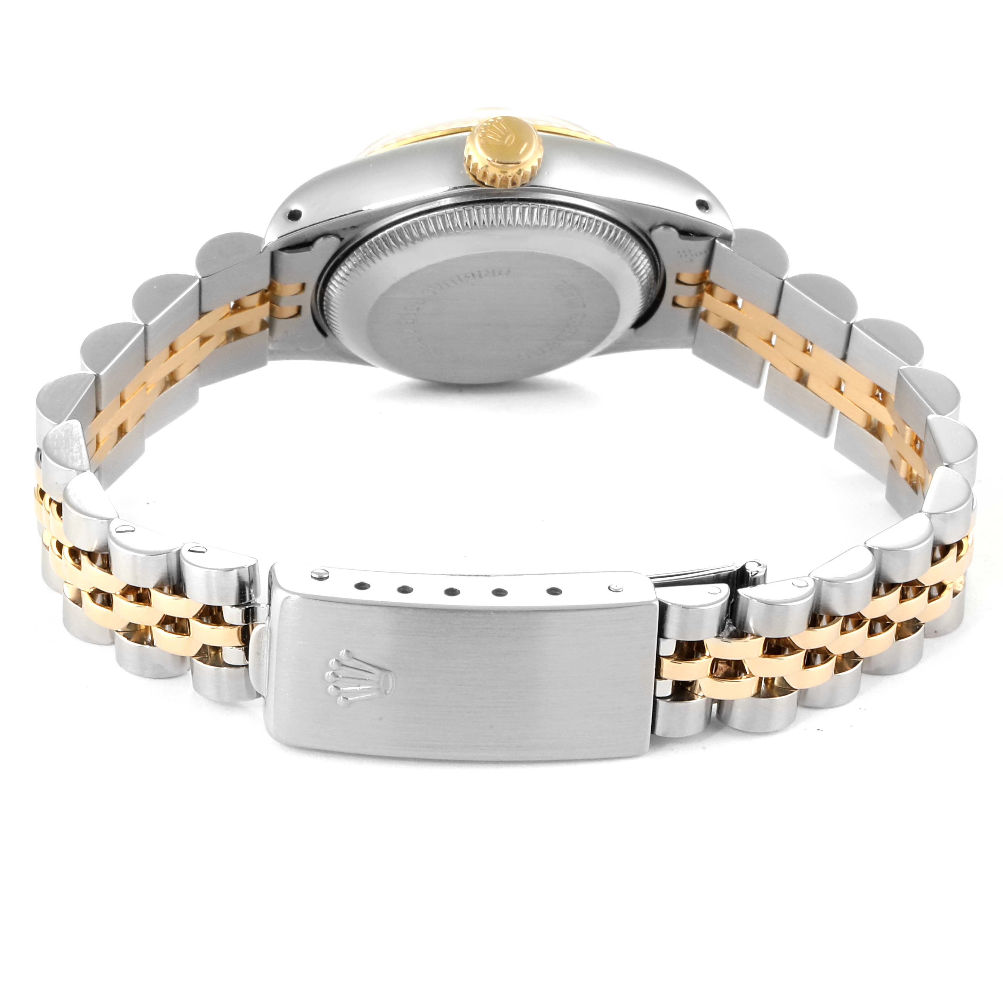 The image shows the back view of the Rolex 69173 Women's Stainless Steel Beige Dial 69173 Women's Stainless Steel Beige Dial Datejust Steel Yellow Gold Anniversary Dial Ladies Watch 69173 model, highlighting the bracelet and case back.