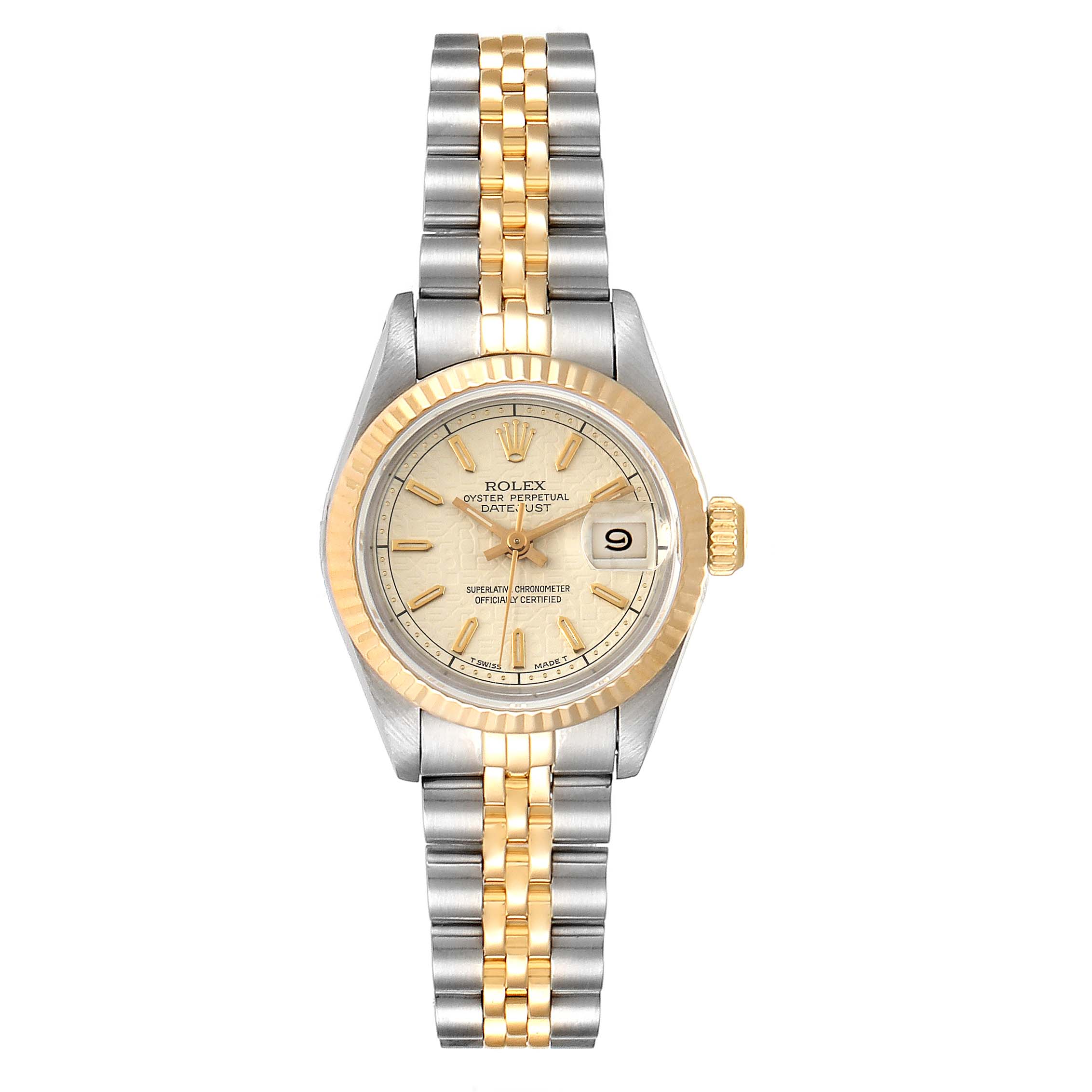 The image shows a front view of the Rolex 69173 Women's Stainless Steel Beige Dial 69173 Women's Stainless Steel Beige Dial Datejust Steel Yellow Gold Anniversary Dial Ladies Watch 69173 model.