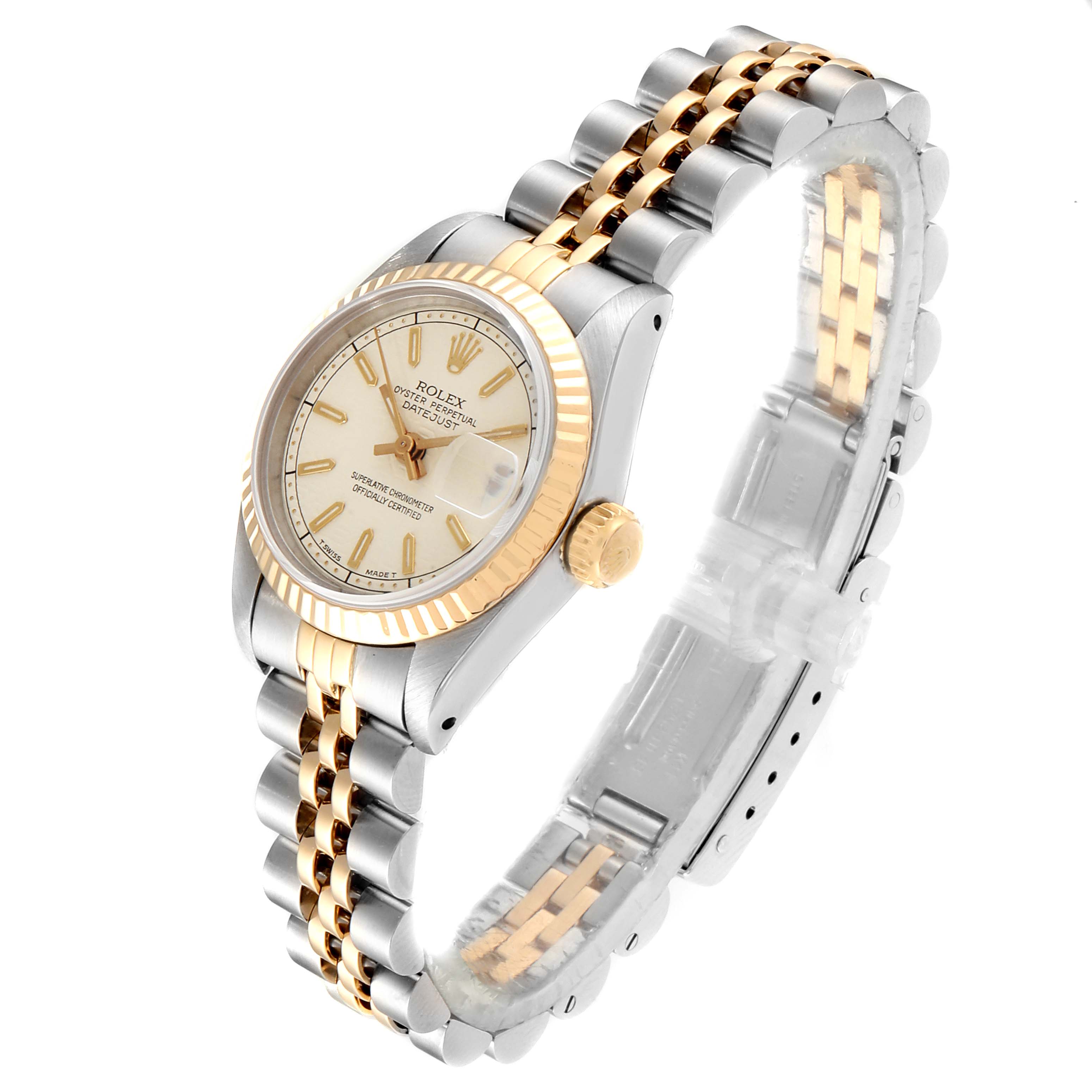 The image shows a Rolex 69173 Women's Stainless Steel Beige Dial 69173 Women's Stainless Steel Beige Dial Datejust Steel Yellow Gold Anniversary Dial Ladies Watch 69173 model from an angled front view, highlighting the face, bezel, crown, and band.
