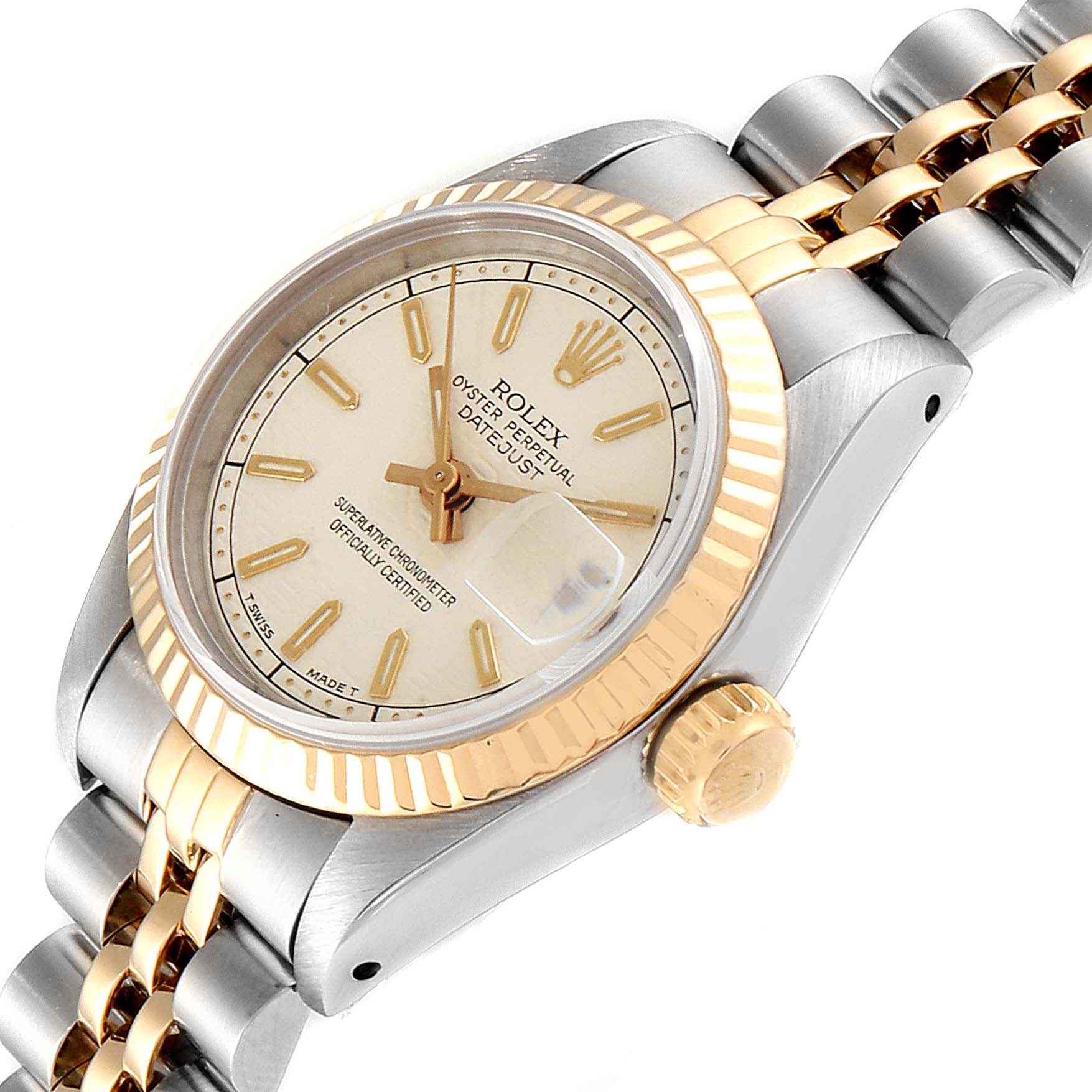 The image shows a tilted close-up of a Rolex 69173 Women's Stainless Steel Beige Dial 69173 Women's Stainless Steel Beige Dial Datejust Steel Yellow Gold Anniversary Dial Ladies Watch, model 69173, highlighting the dial, bezel, and bracelet.