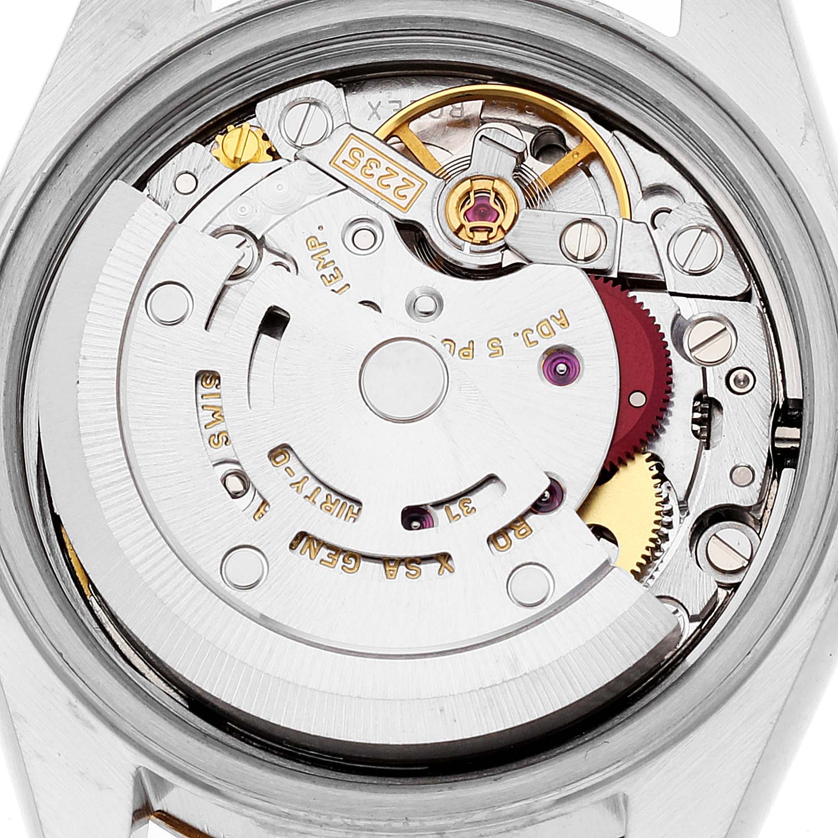 The image shows the internal mechanism of the Rolex Datejust A278921 Women's Steel and Gold (two tone) Champagne Dial A278921 Women's Steel and Gold (two tone) Champagne Dial watch from a top-down angle, highlighting the movement and rotor.