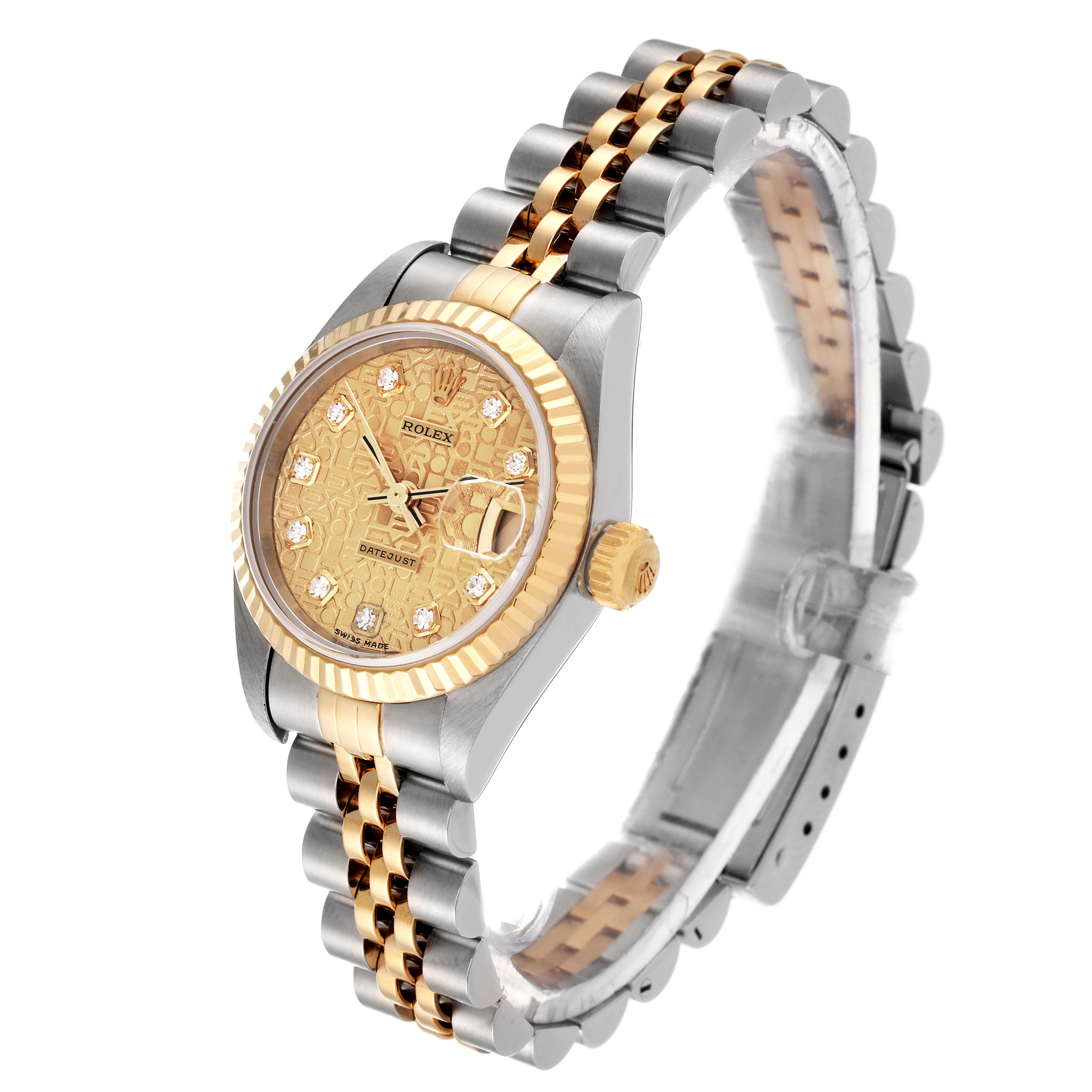 The Rolex Datejust A278921 Women's Steel and Gold (two tone) Champagne Dial A278921 Women's Steel and Gold (two tone) Champagne Dial watch is shown at an angle emphasizing the dial, bezel, bracelet, and case.