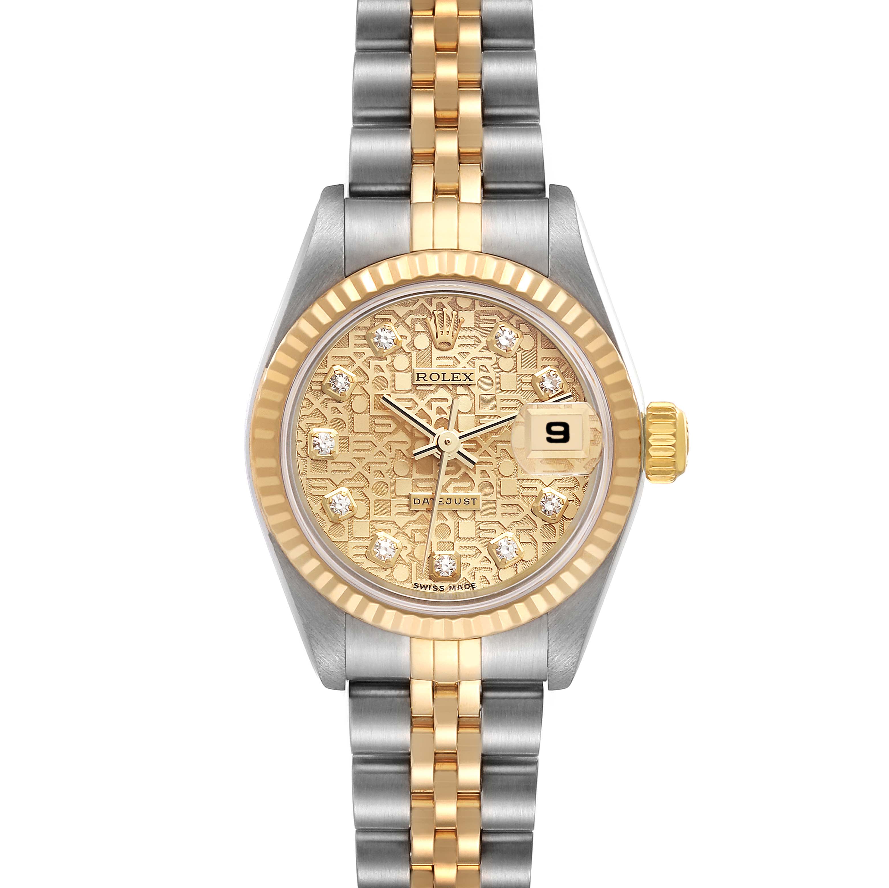 The image shows a front view of a Rolex Datejust A278921 Women's Steel and Gold (two tone) Champagne Dial A278921 Women's Steel and Gold (two tone) Champagne Dial watch, featuring a gold dial, jubilee bracelet, and date display at 3 o'clock.