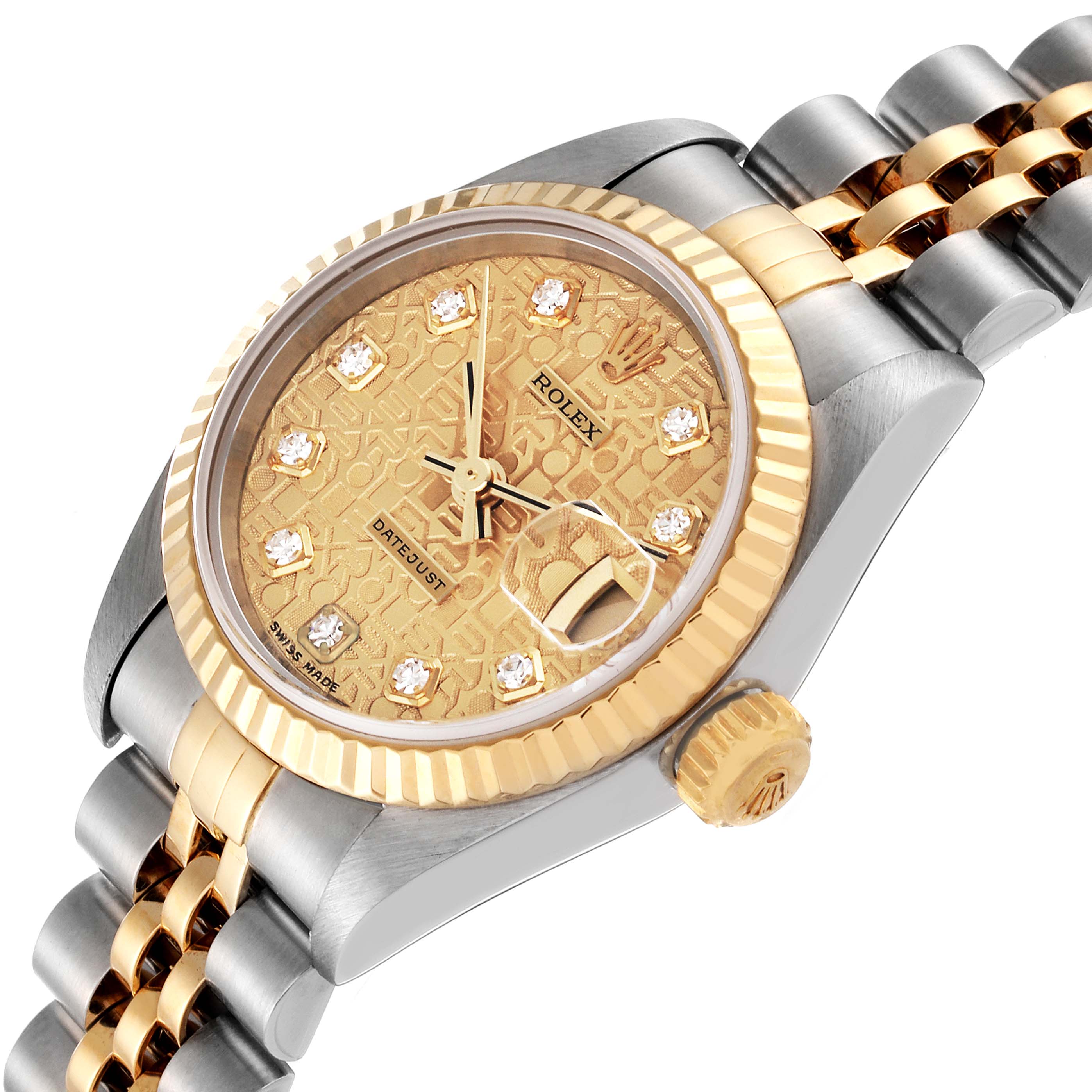 This image shows the face and partial bracelet of a Rolex Datejust A278921 Women's Steel and Gold (two tone) Champagne Dial A278921 Women's Steel and Gold (two tone) Champagne Dial watch at an oblique angle.