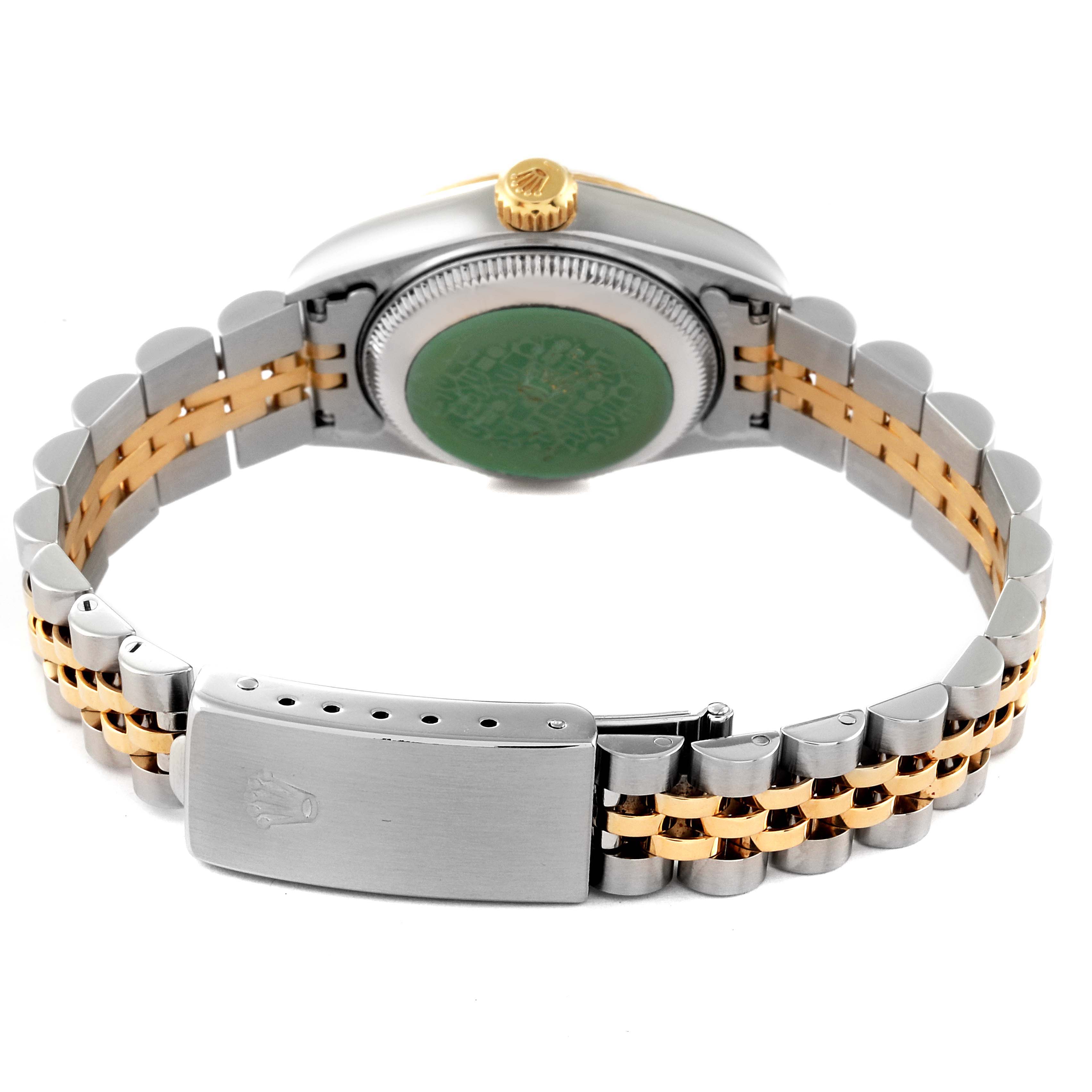 The image shows the backside and clasp of a Rolex Datejust A278921 Women's Steel and Gold (two tone) Champagne Dial A278921 Women's Steel and Gold (two tone) Champagne Dial, highlighting its two-tone bracelet and case back.