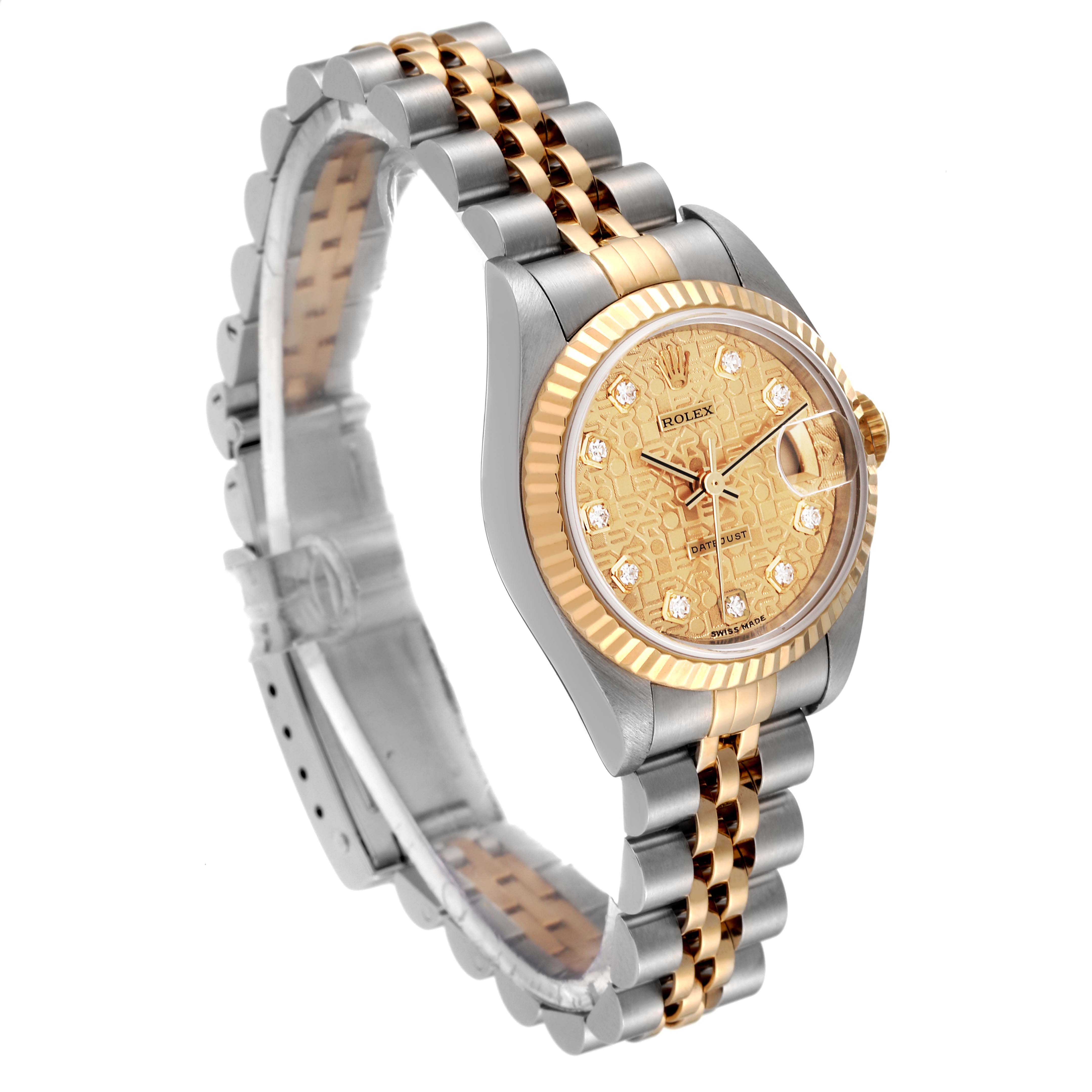 The Rolex Datejust A278921 Women's Steel and Gold (two tone) Champagne Dial A278921 Women's Steel and Gold (two tone) Champagne Dial model watch is shown at an angled side view, highlighting the band, bezel, dial, and crown.