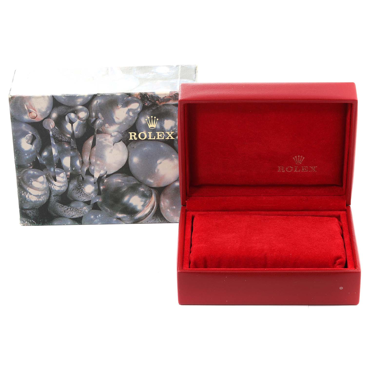 The image shows an open Rolex watch box for the Datejust model, revealing its red interior.