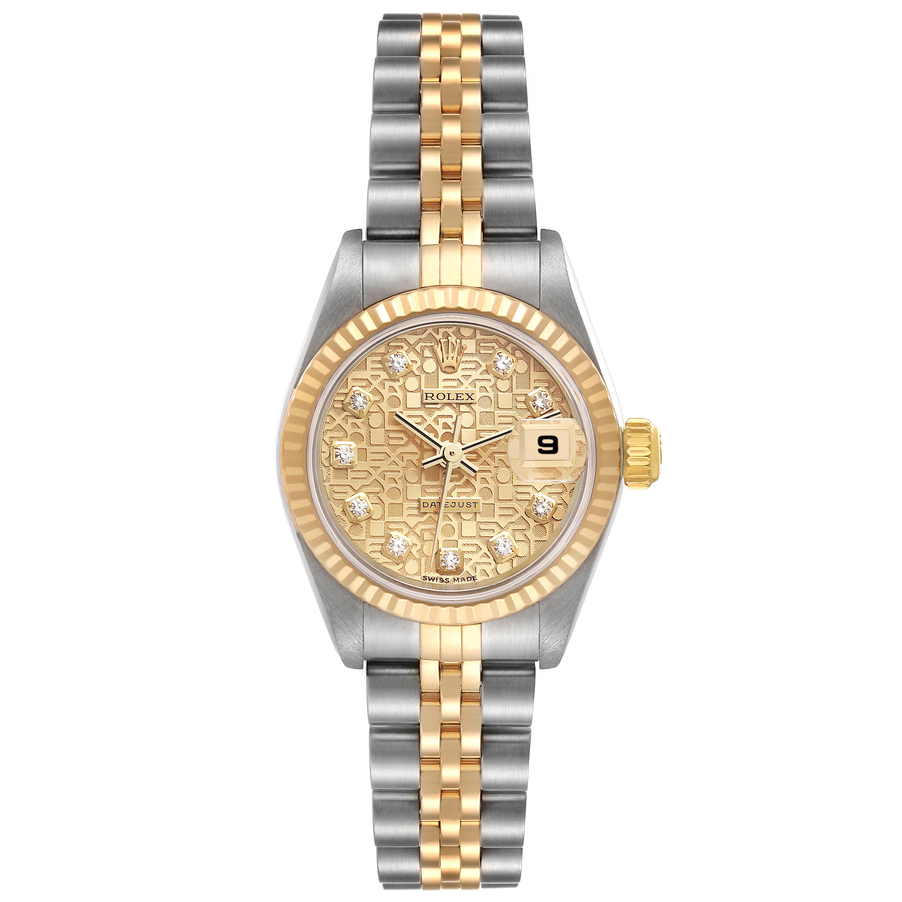 The Rolex Datejust A278921 Women's Steel and Gold (two tone) Champagne Dial A278921 Women's Steel and Gold (two tone) Champagne Dial watch is shown from a top-down angle, featuring its gold and silver bracelet, patterned gold dial, and date window.