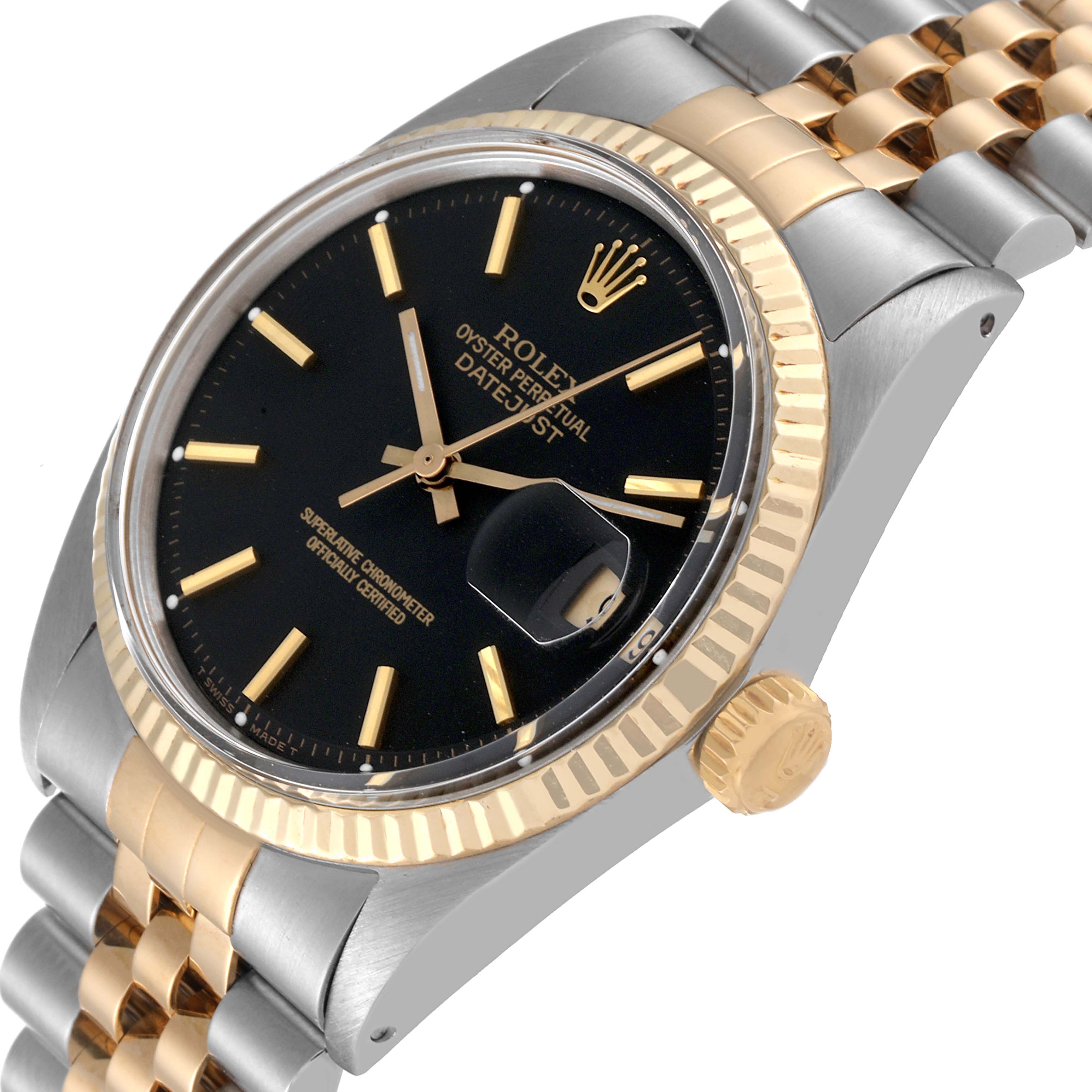 The image shows the Rolex Vintage Collection 1601 Men's Steel and Gold (two tone) Black Dial 1601 Men's Steel and Gold (two tone) Black Dial model from a 3/4 high angle, highlighting its face, bezel, and part of the bracelet.