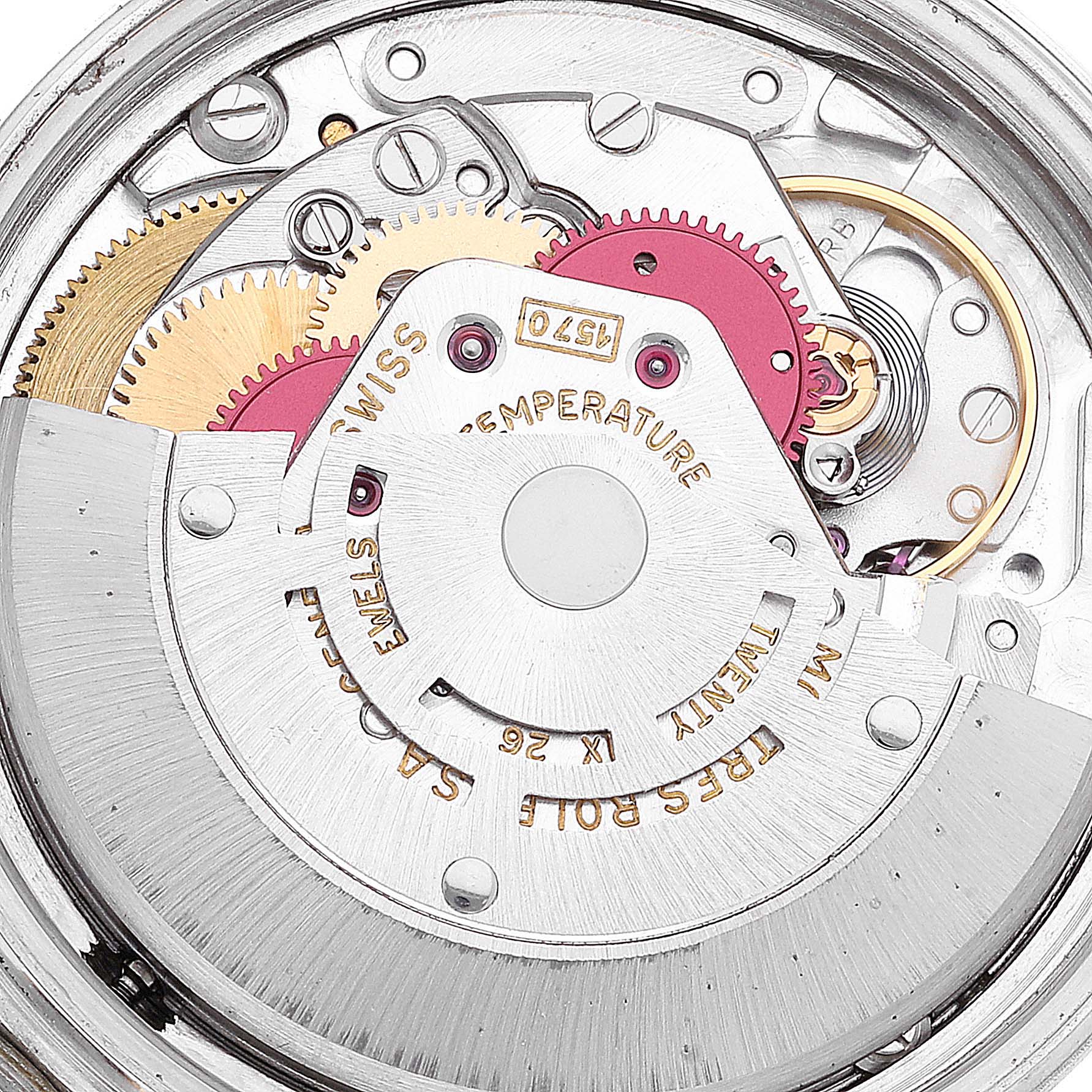 The image shows a close-up of the mechanical movement inside the Rolex Vintage Collection 1601 Men's Steel and Gold (two tone) Black Dial 1601 Men's Steel and Gold (two tone) Black Dial watch.
