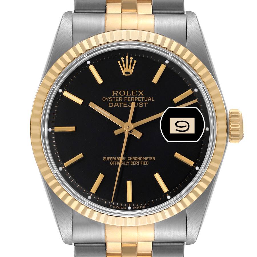 Rolex Datejust Steel Yellow Gold Black Dial Vintage Mens Watch 1601 SwissWatchExpo