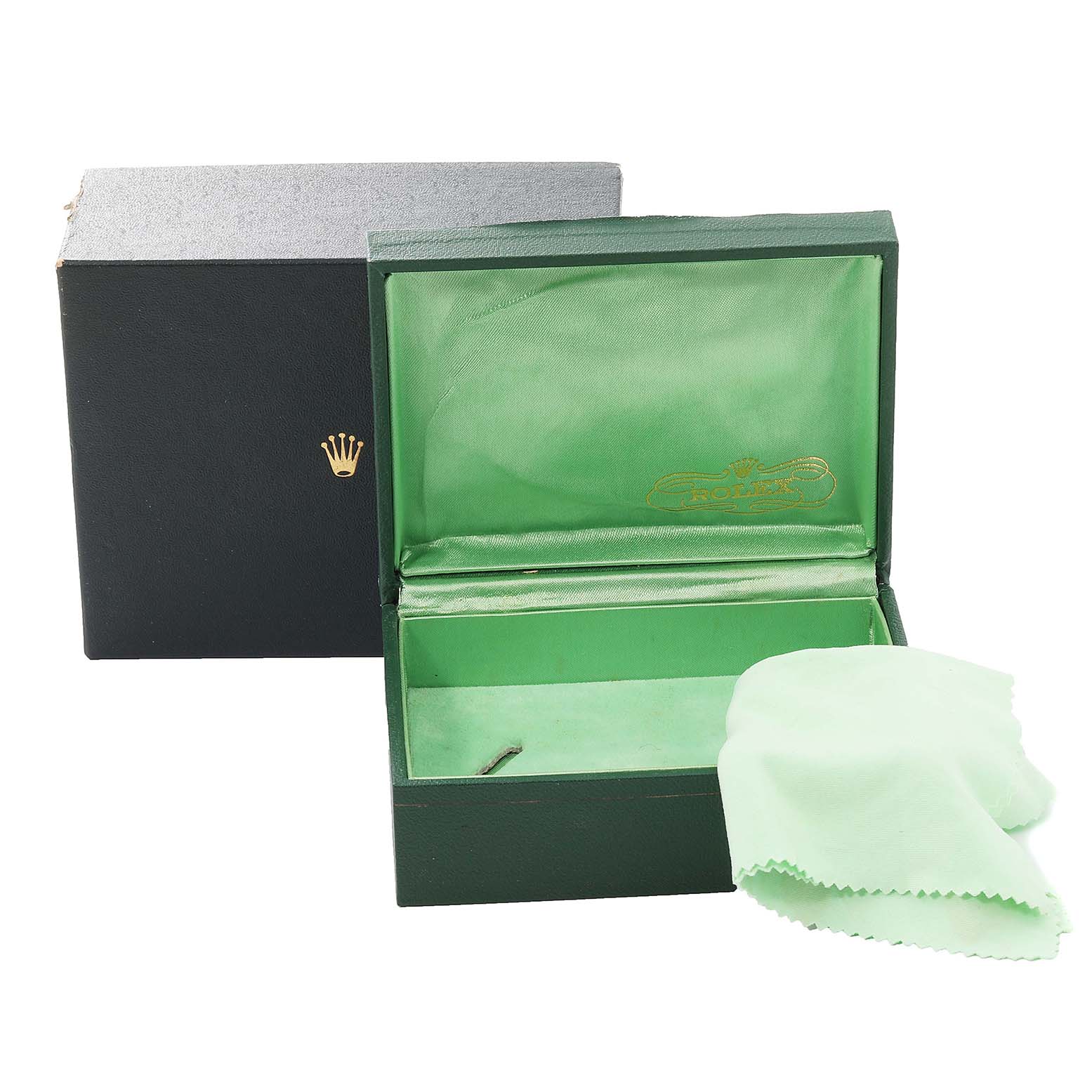 The image shows an open Rolex Vintage Collection 1601 Men's Steel and Gold (two tone) Black Dial 1601 Men's Steel and Gold (two tone) Black Dial watch box and cleaning cloth, viewed from the front.