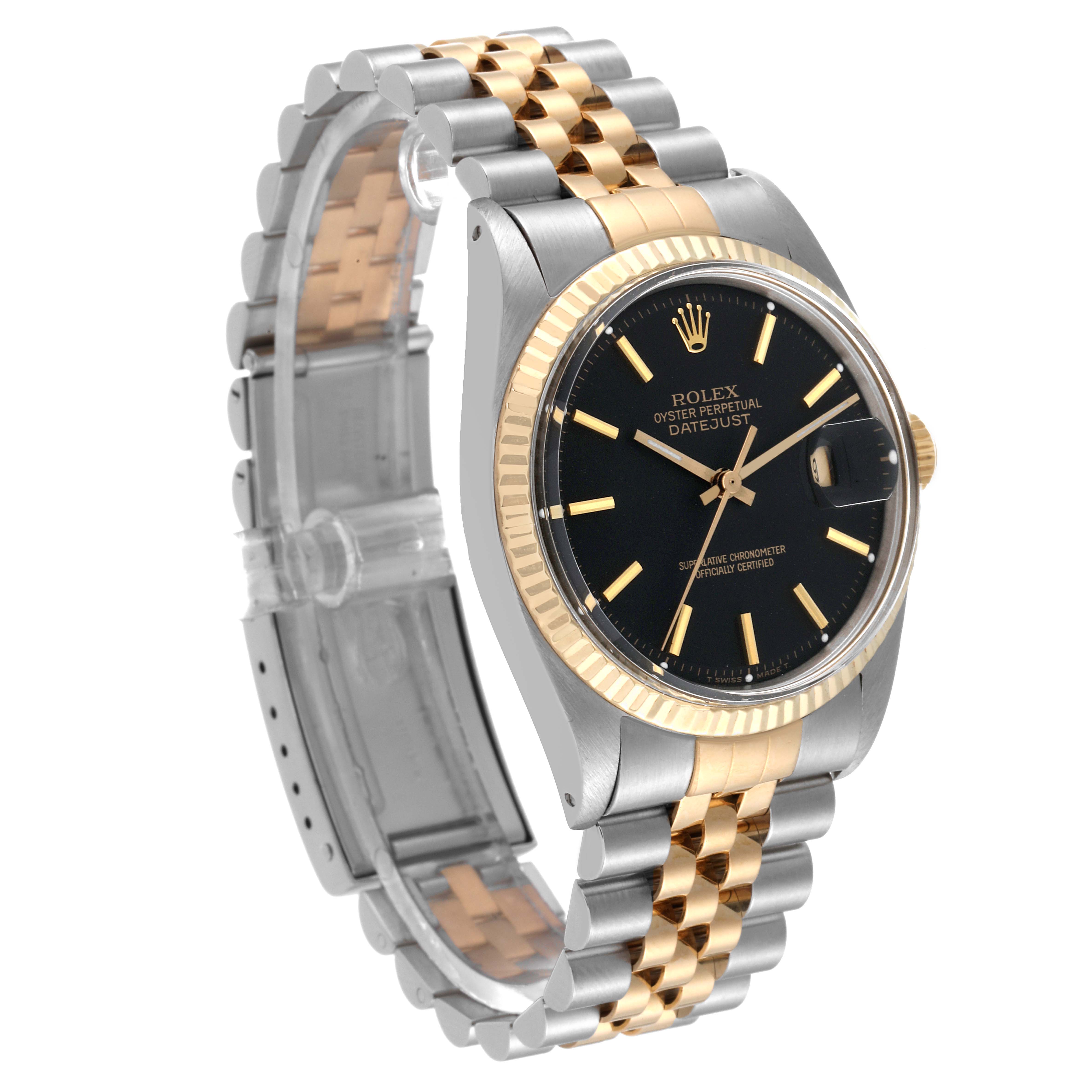 The Rolex Vintage Collection 1601 Men's Steel and Gold (two tone) Black Dial 1601 Men's Steel and Gold (two tone) Black Dial watch model is shown at a three-quarter angle, displaying the dial, bezel, and part of the bracelet.