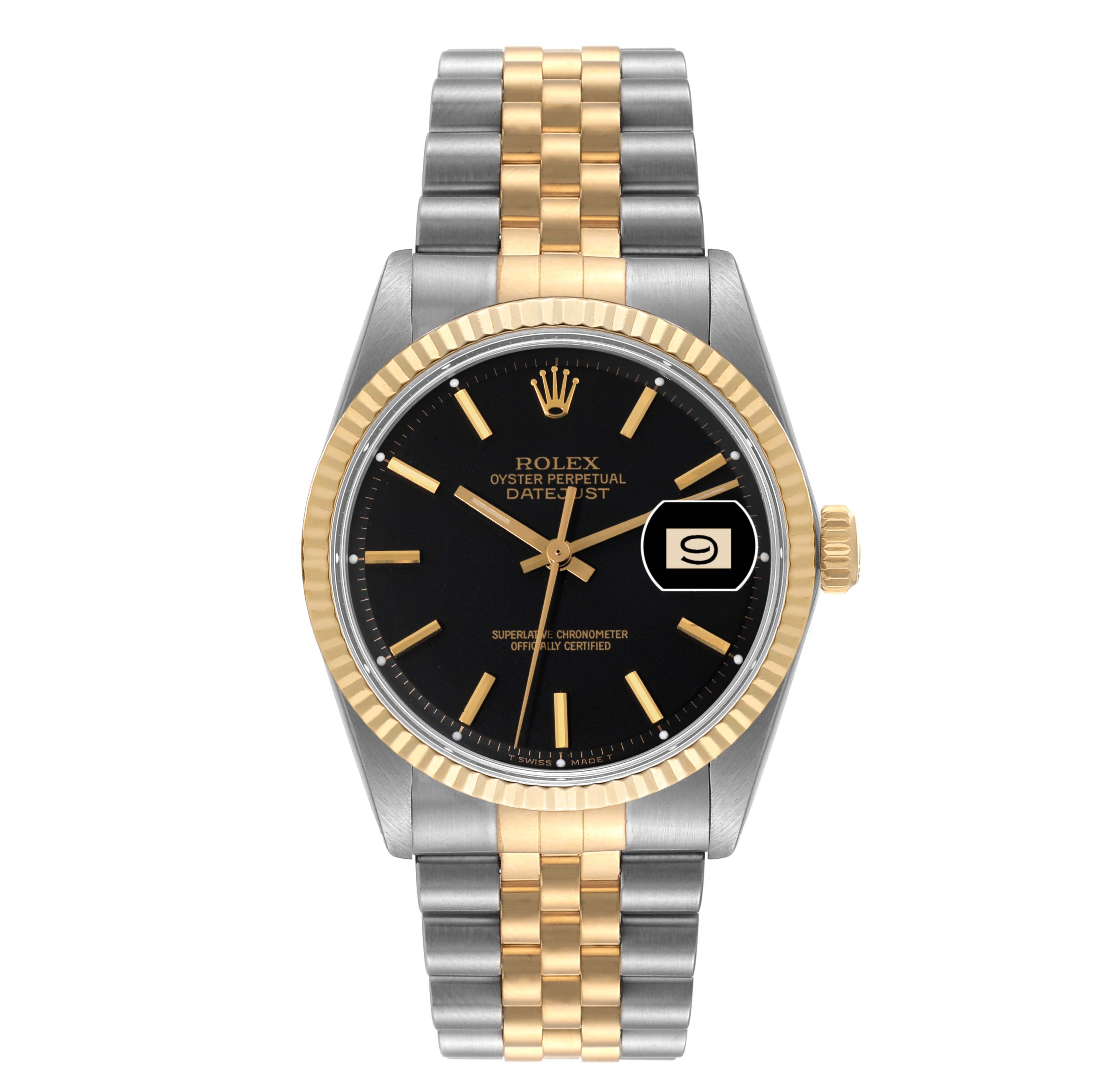 The image shows a Rolex Vintage Collection 1601 Men's Steel and Gold (two tone) Black Dial 1601 Men's Steel and Gold (two tone) Black Dial Oyster Perpetual Datejust watch from a front view, highlighting the black dial and gold bezel.