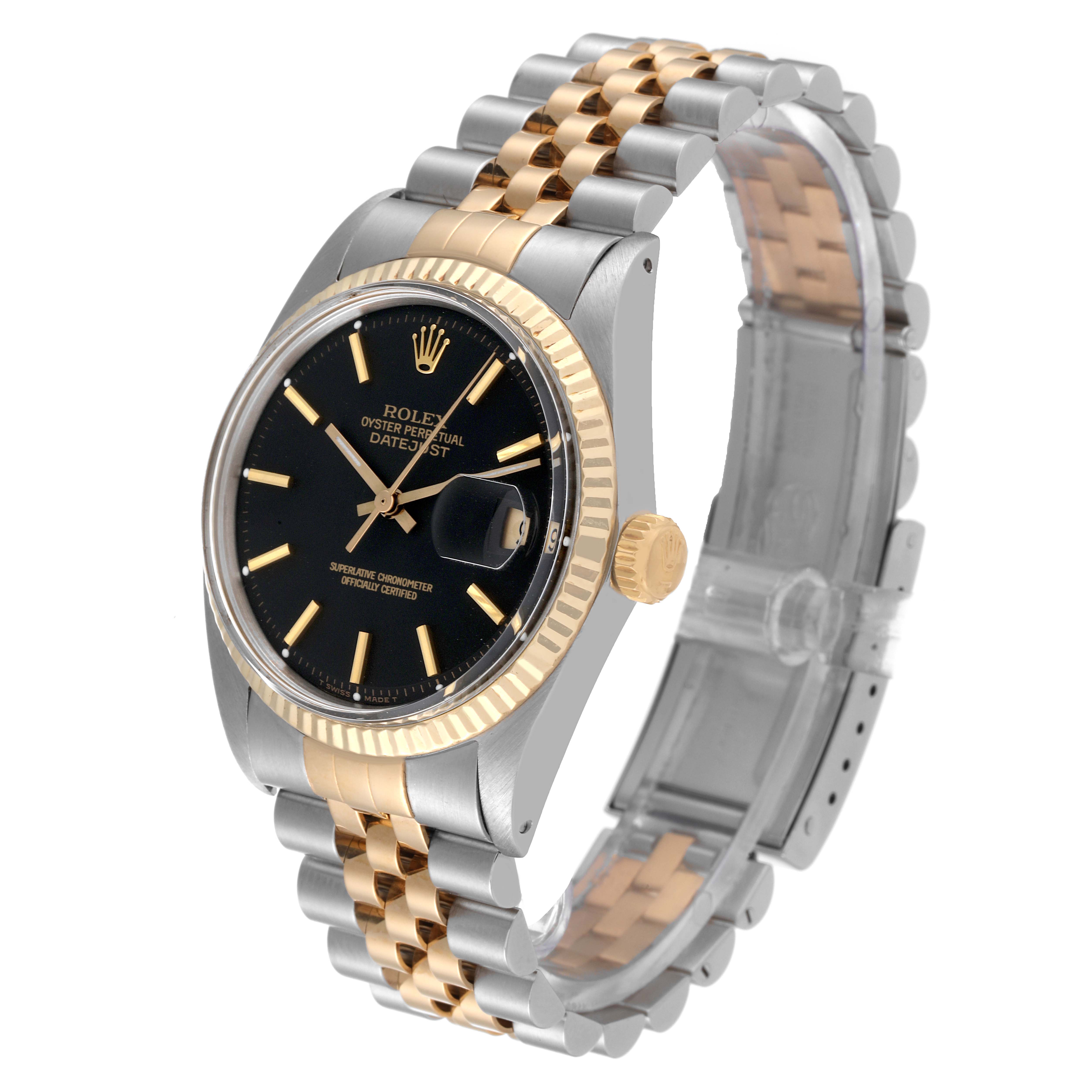 This image shows a Rolex Vintage Collection 1601 Men's Steel and Gold (two tone) Black Dial 1601 Men's Steel and Gold (two tone) Black Dial watch at a three-quarter angle, featuring the bezel, dial, crown, and bracelet.
