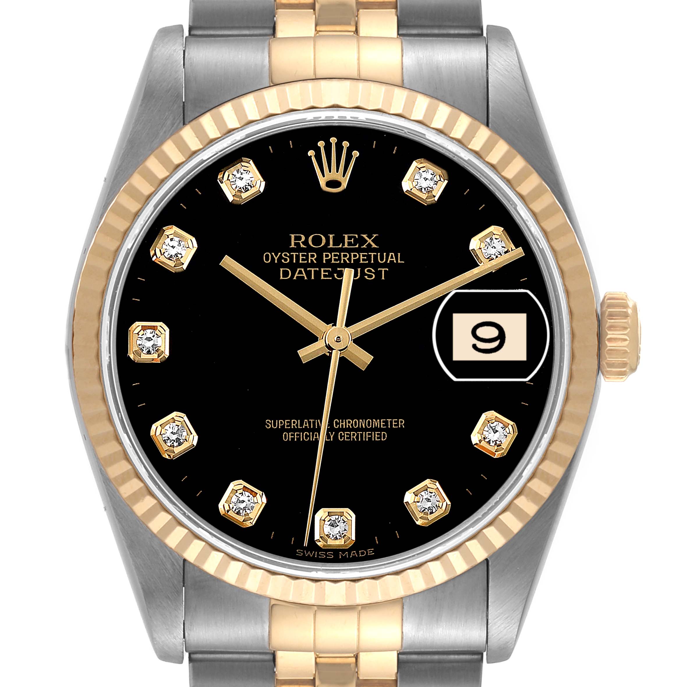 The image shows a front view of a Rolex Datejust 16233 Men's Steel and Gold (two tone) Black Dial 16233 Men's Steel and Gold (two tone) Black Dial watch, highlighting the dial, bezel, crown, and part of the bracelet.