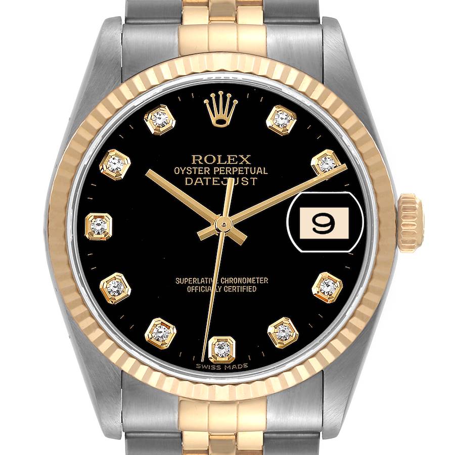 Rolex Datejust Steel Yellow Gold Black Diamond Dial Mens Watch 16233 SwissWatchExpo