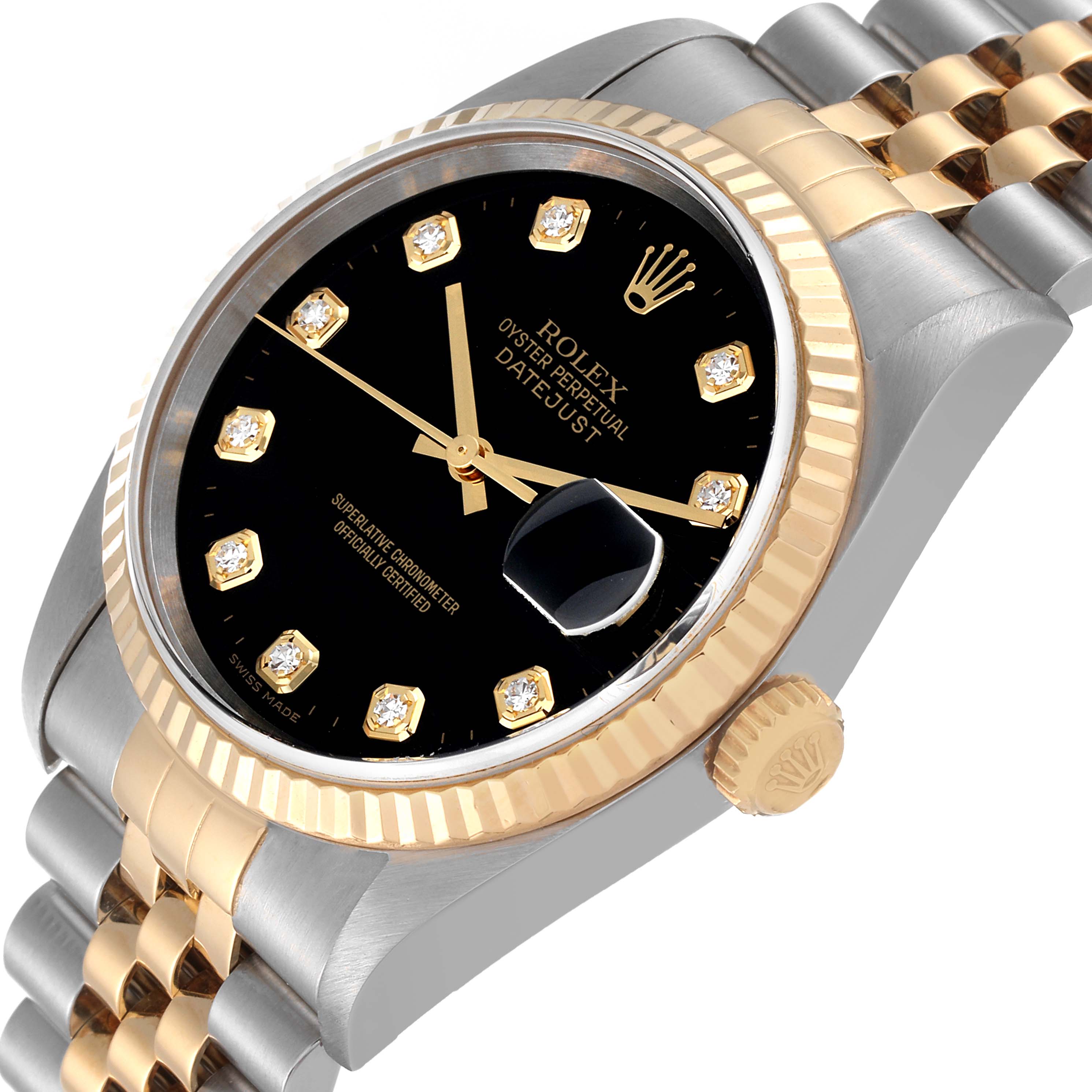 The image shows a Rolex Datejust 16233 Men's Steel and Gold (two tone) Black Dial 16233 Men's Steel and Gold (two tone) Black Dial watch angled from the front and slightly to the side, highlighting the dial, bezel, and crown.