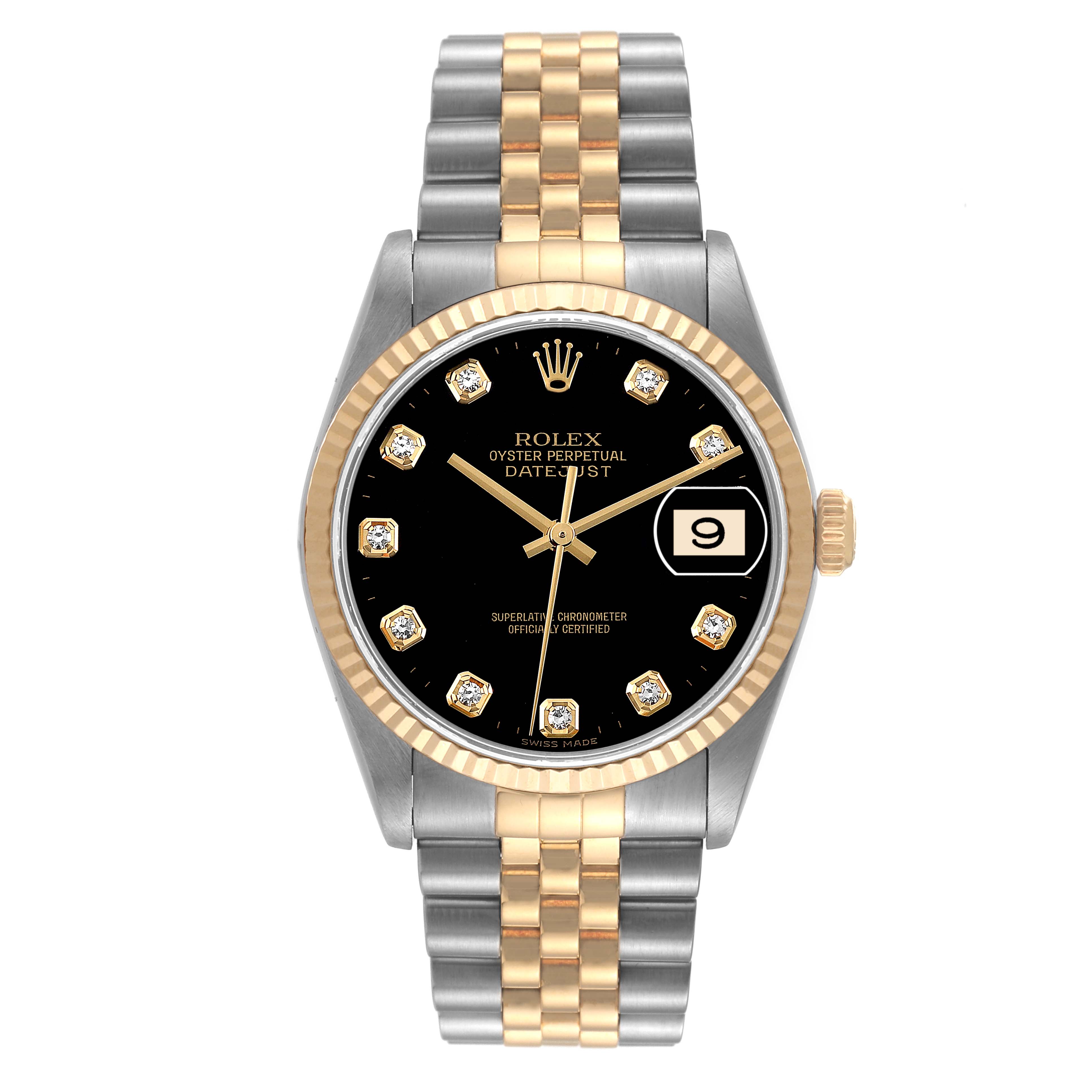 This image shows a frontal view of the Rolex Datejust 16233 Men's Steel and Gold (two tone) Black Dial 16233 Men's Steel and Gold (two tone) Black Dial watch, featuring a two-tone bracelet and a black dial with diamond hour markers.