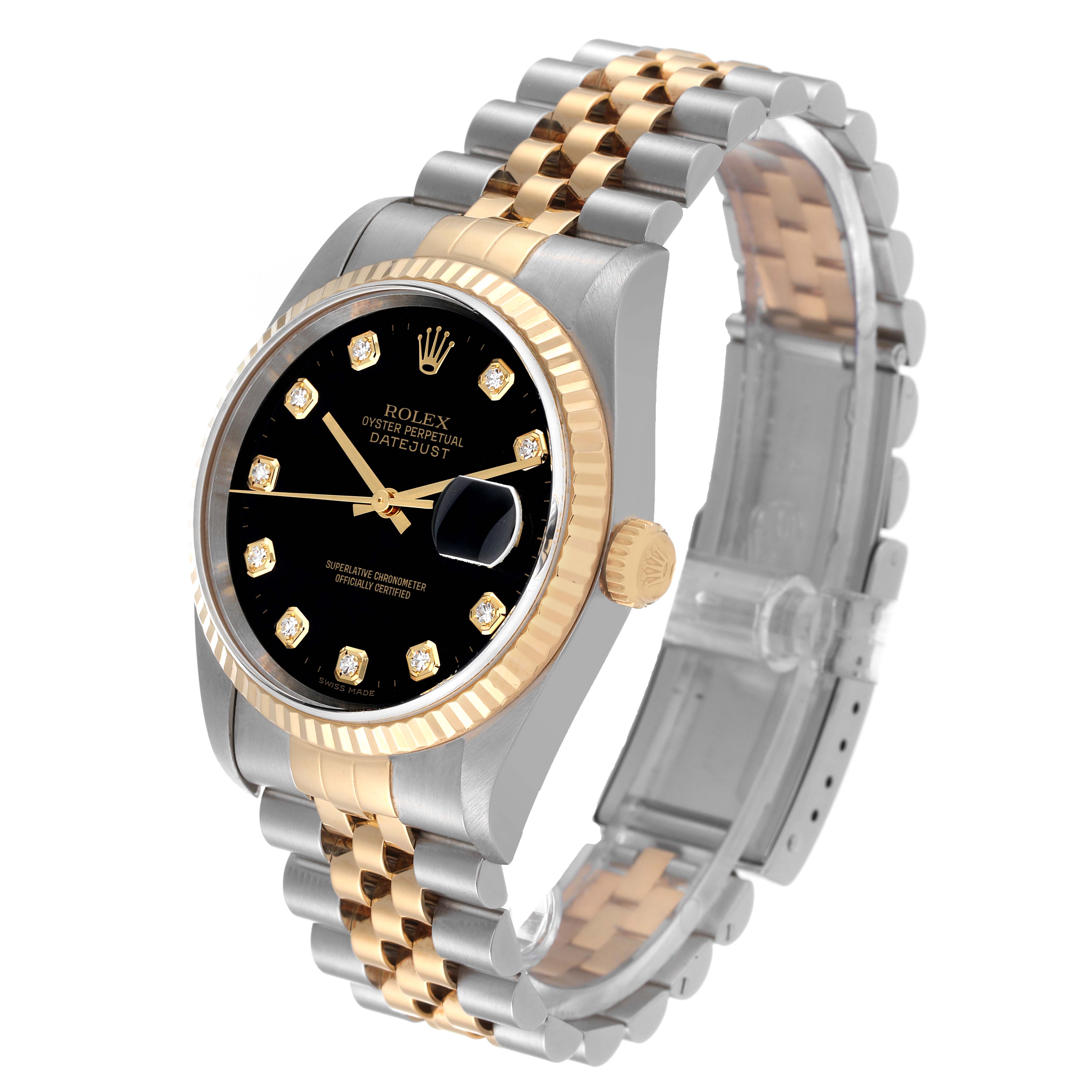 The Rolex Datejust 16233 Men's Steel and Gold (two tone) Black Dial 16233 Men's Steel and Gold (two tone) Black Dial watch is shown at a slight angle, displaying the face, bezel, crown, and two-tone Jubilee bracelet.