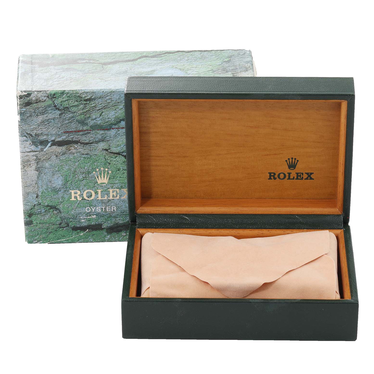 This image shows the packaging of a Rolex Datejust 16233 Men's Steel and Gold (two tone) Black Dial 16233 Men's Steel and Gold (two tone) Black Dial watch, including an open wooden box with a cushion and an outer green box.