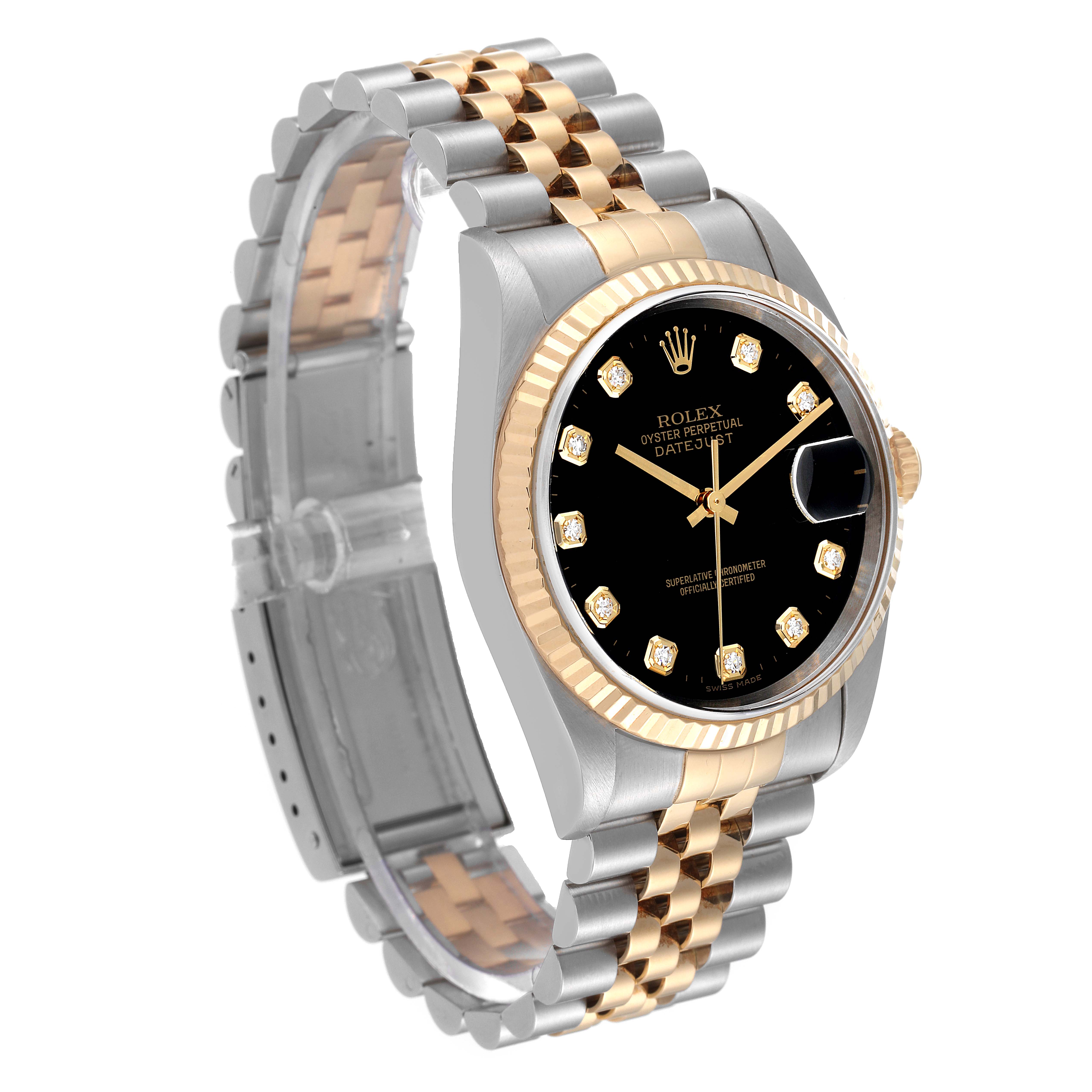 The image shows a Rolex Datejust 16233 Men's Steel and Gold (two tone) Black Dial 16233 Men's Steel and Gold (two tone) Black Dial watch at an angle that highlights the two-tone bracelet, black dial, and fluted bezel.