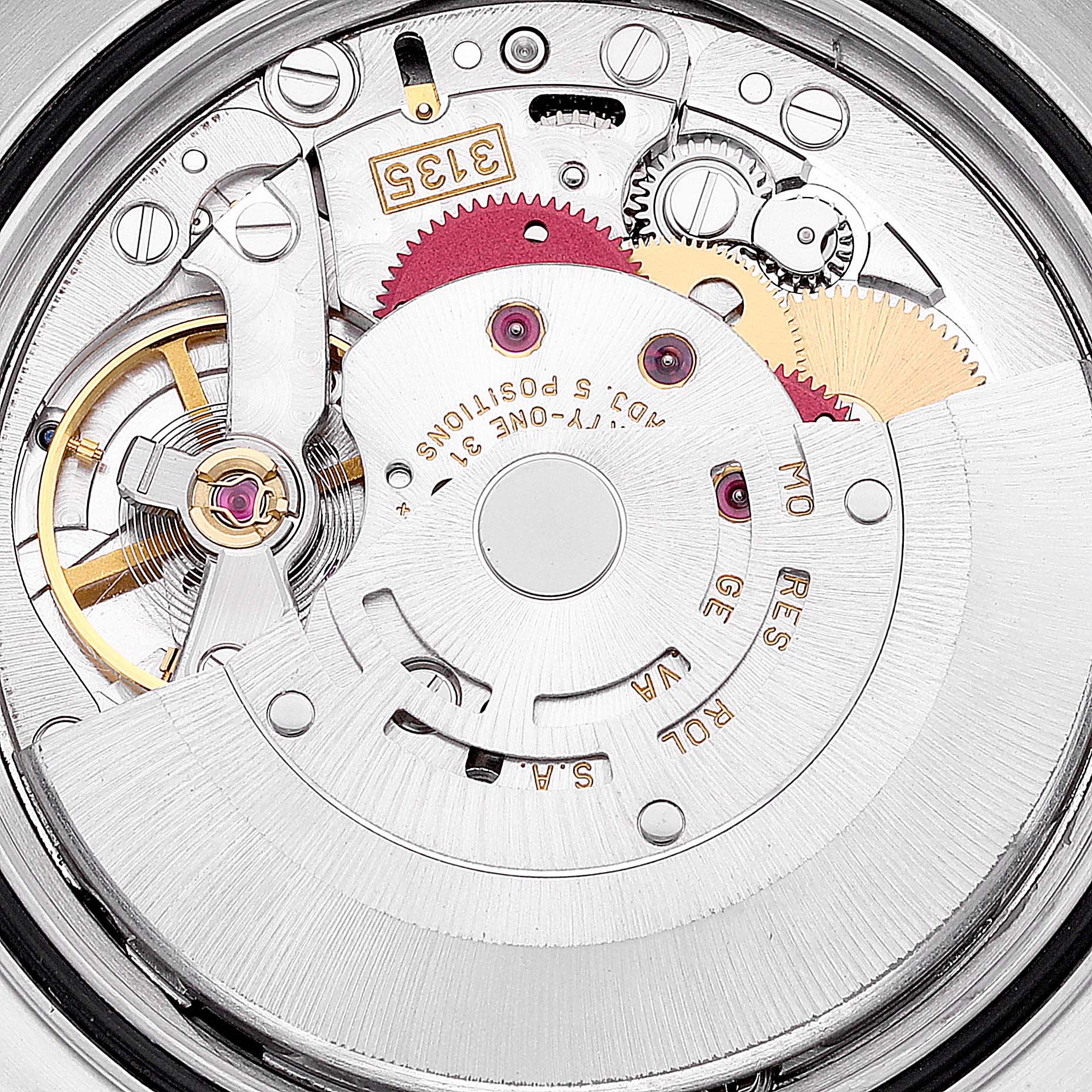 The image shows the movement of a Rolex Datejust 16233 Men's Steel and Gold (two tone) Black Dial 16233 Men's Steel and Gold (two tone) Black Dial watch, highlighting gears and mechanical parts from a top-down perspective.