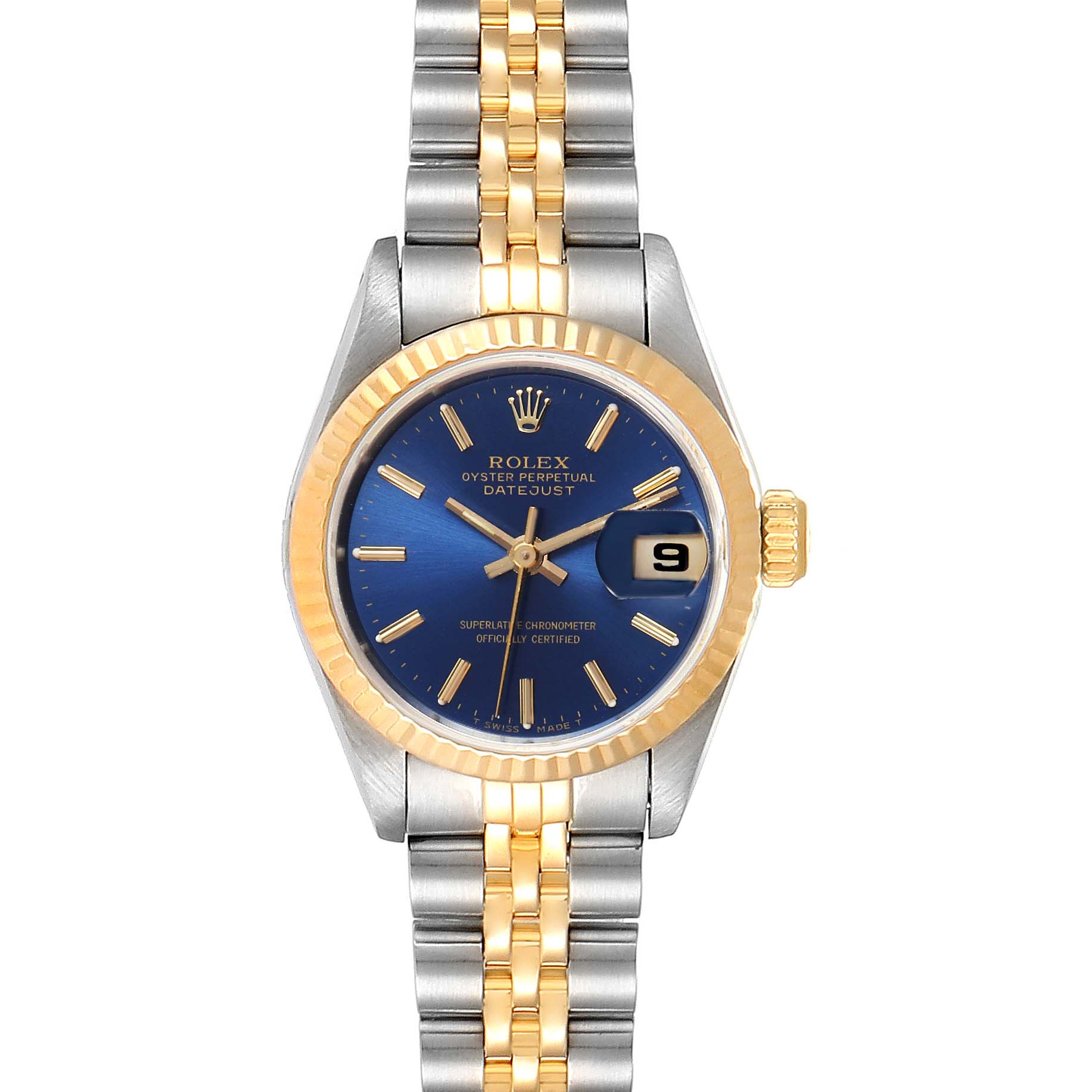 The image shows a frontal view of a Rolex Datejust 69173 Women
s Stainless Steel Blue Dial 69173 Women
s Stainless Steel Blue Dial watch, featuring a blue dial, gold fluted bezel, and two-tone metal bracelet.