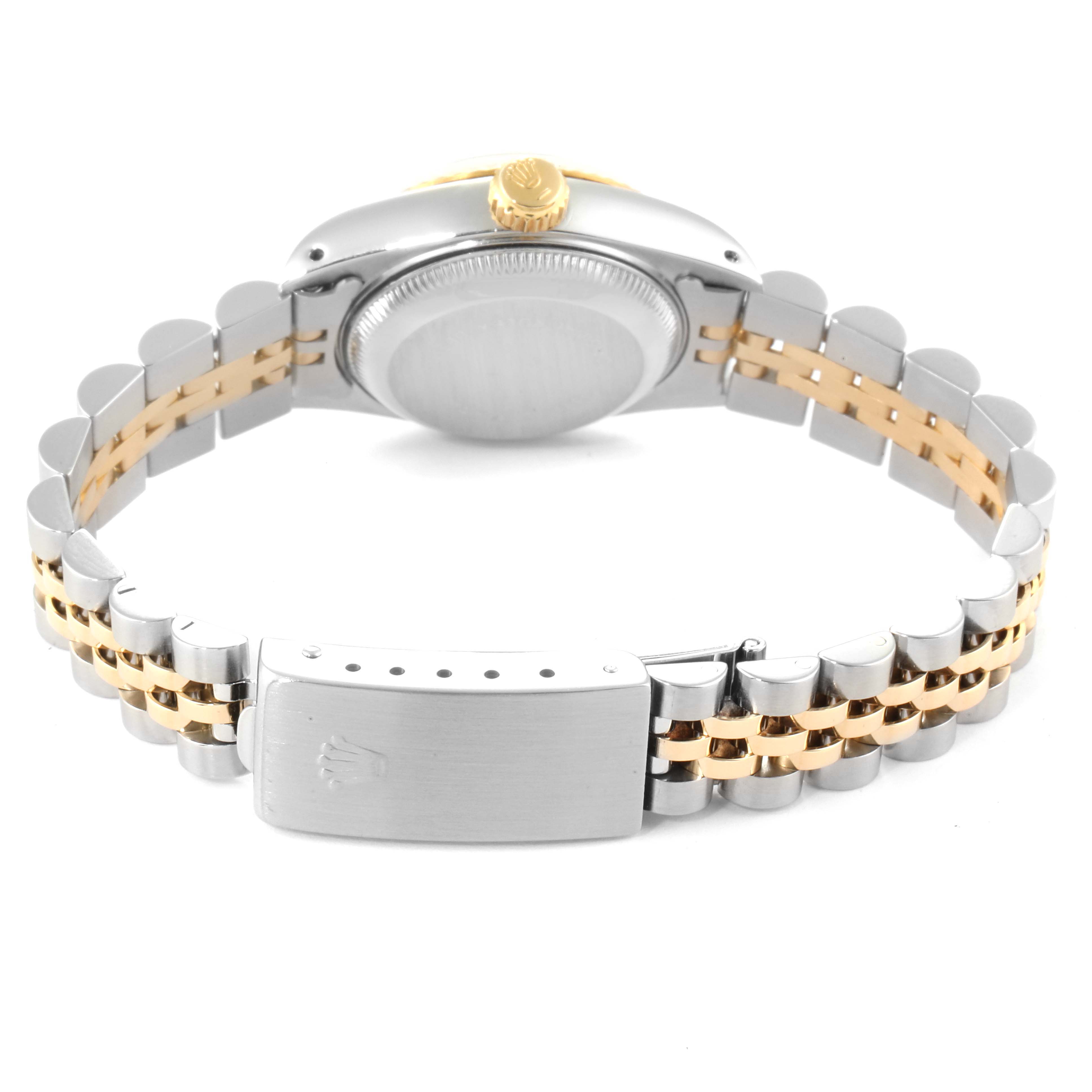 This image shows the back view of a Rolex Datejust 69173 Women
s Stainless Steel Blue Dial 69173 Women
s Stainless Steel Blue Dial watch, highlighting its two-tone bracelet and clasp.