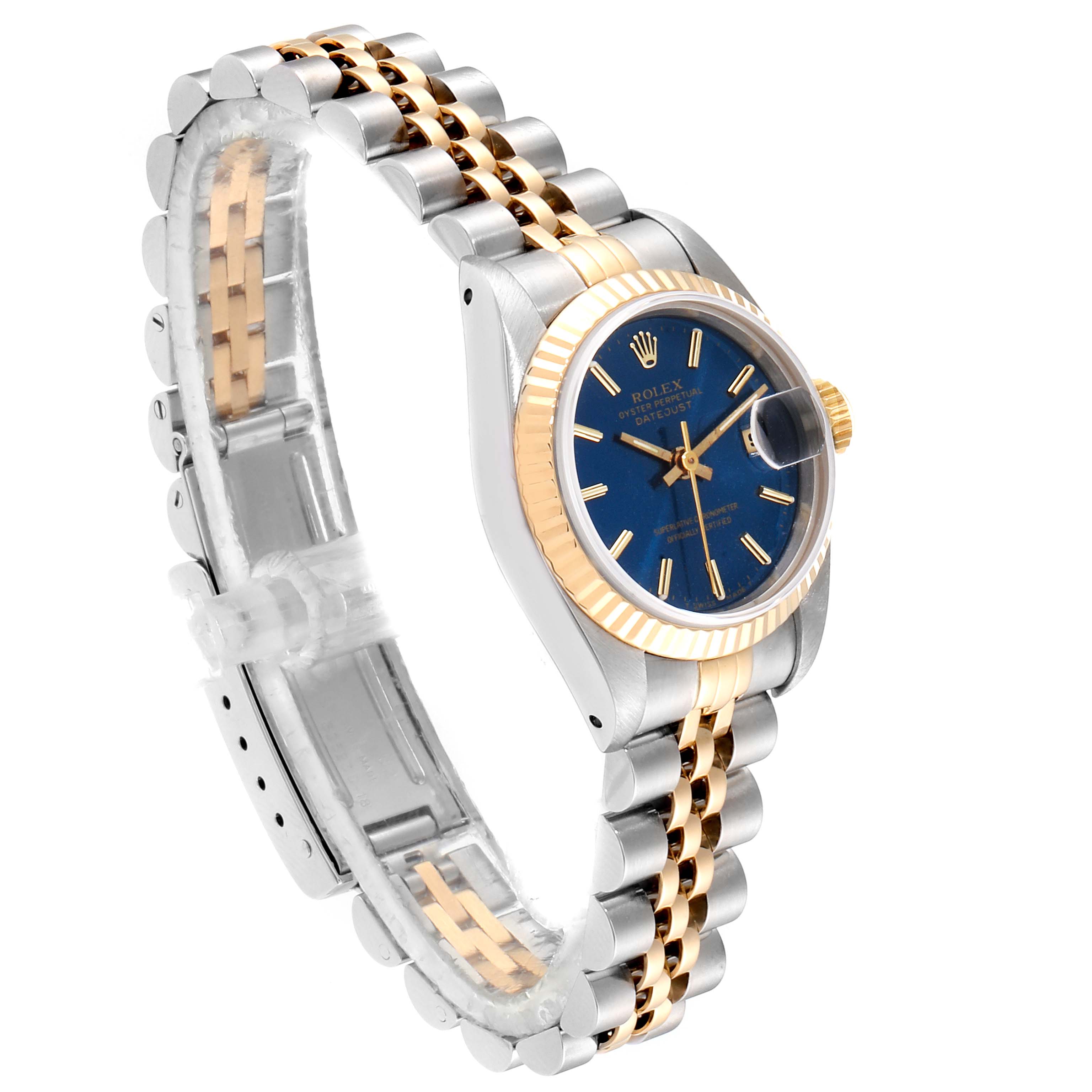 The image shows a side angle view of a Rolex Datejust 69173 Women
s Stainless Steel Blue Dial 69173 Women
s Stainless Steel Blue Dial watch, highlighting its two-tone Jubilee bracelet and blue dial.