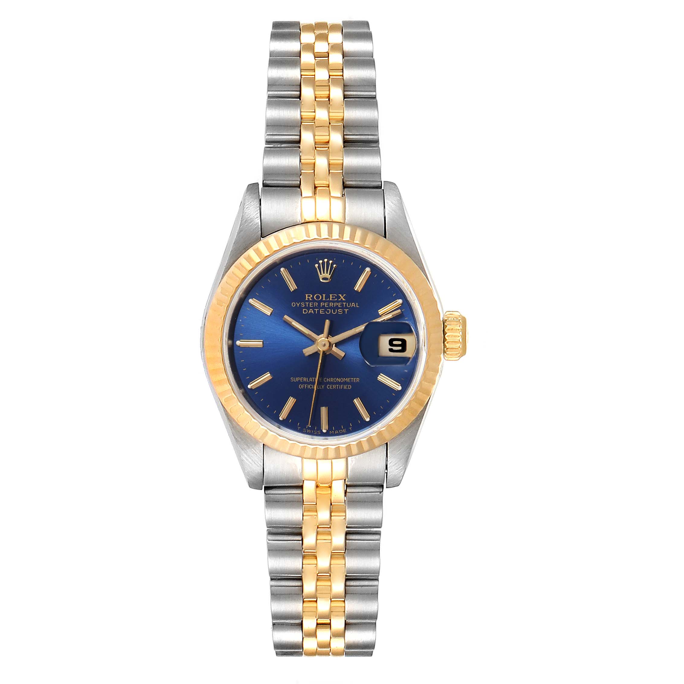 This Rolex Datejust 69173 Women
s Stainless Steel Blue Dial 69173 Women
s Stainless Steel Blue Dial watch is shown from a frontal angle, highlighting its blue dial, date window, bi-color bracelet, and fluted bezel.