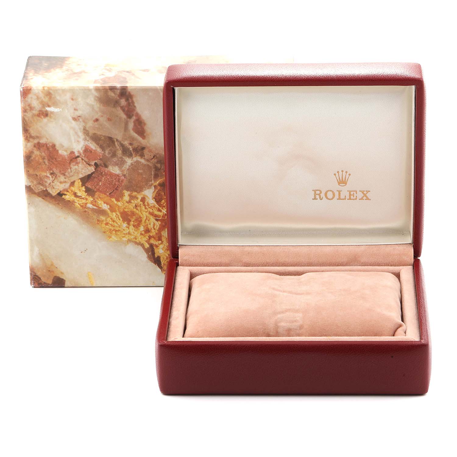 This image shows the open luxury box for the Rolex Datejust 69173 Women
s Stainless Steel Blue Dial 69173 Women
s Stainless Steel Blue Dial model with an included cushion.