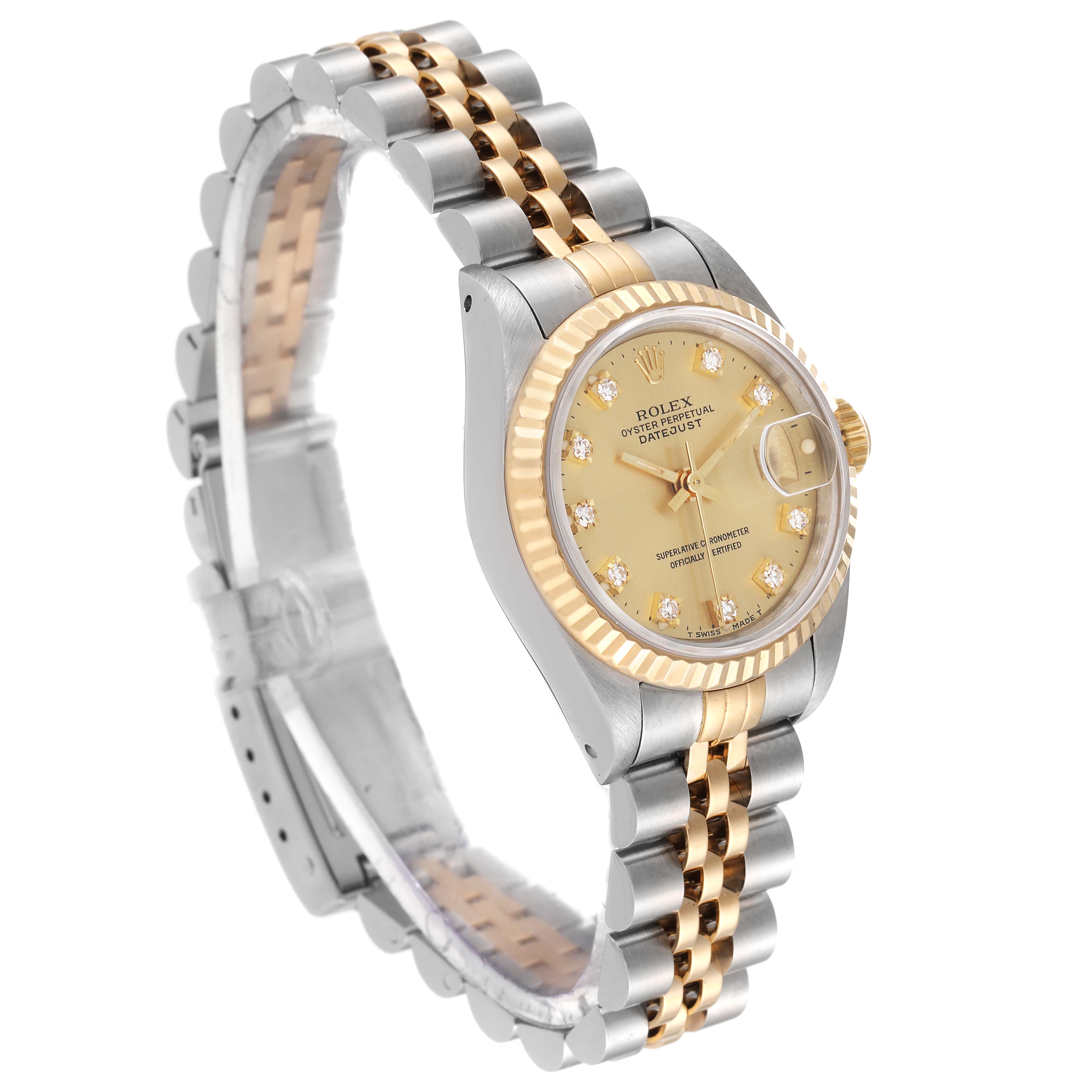The Rolex Datejust 69173 Women's Steel and Gold (two tone) Champagne Dial 69173 Women's Steel and Gold (two tone) Champagne Dial watch is shown at a three-quarter angle, displaying its two-tone band, fluted bezel, and diamond-set dial.
