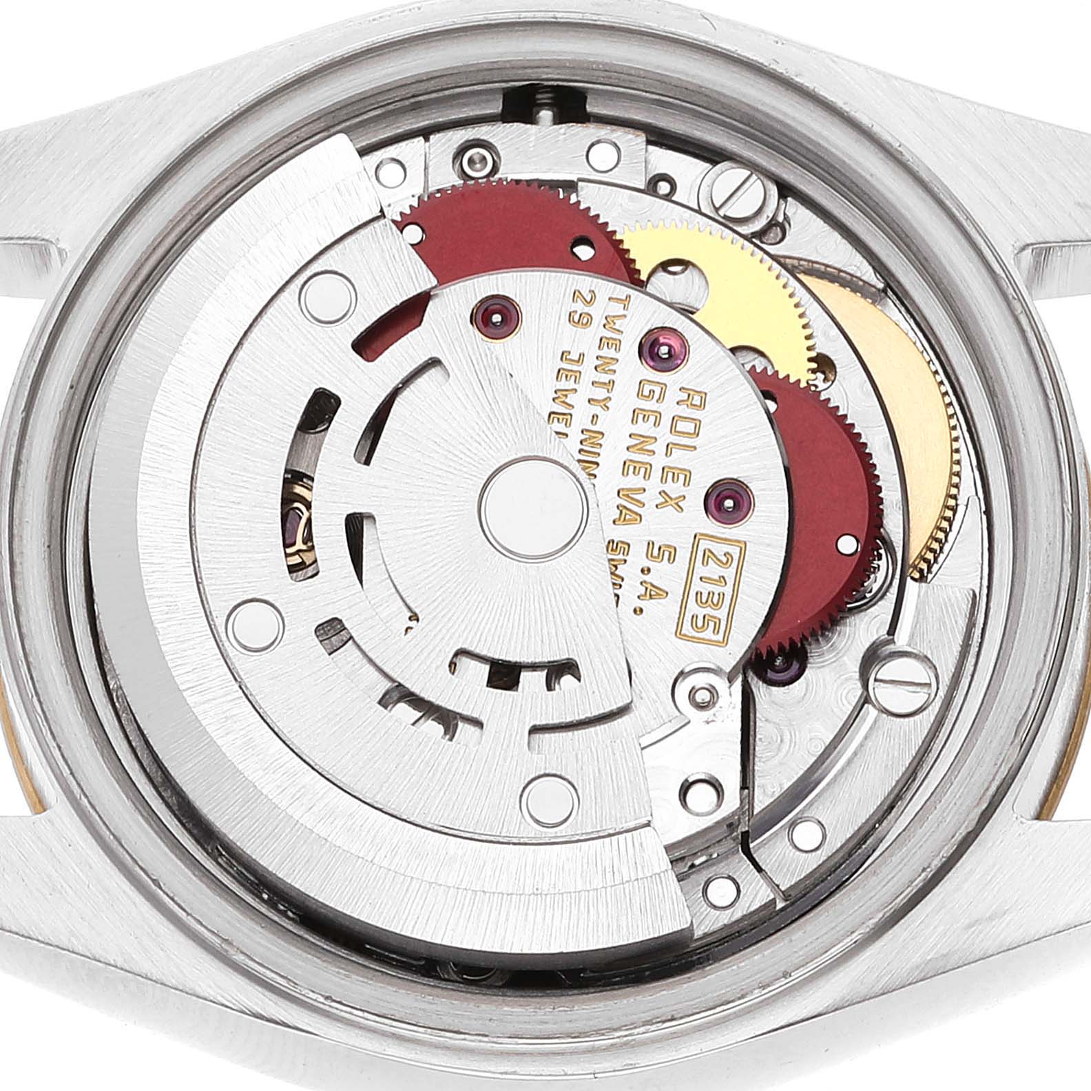 This image shows the internal mechanism and movement of a Rolex Datejust 69173 Women's Steel and Gold (two tone) Champagne Dial 69173 Women's Steel and Gold (two tone) Champagne Dial watch from the back view.