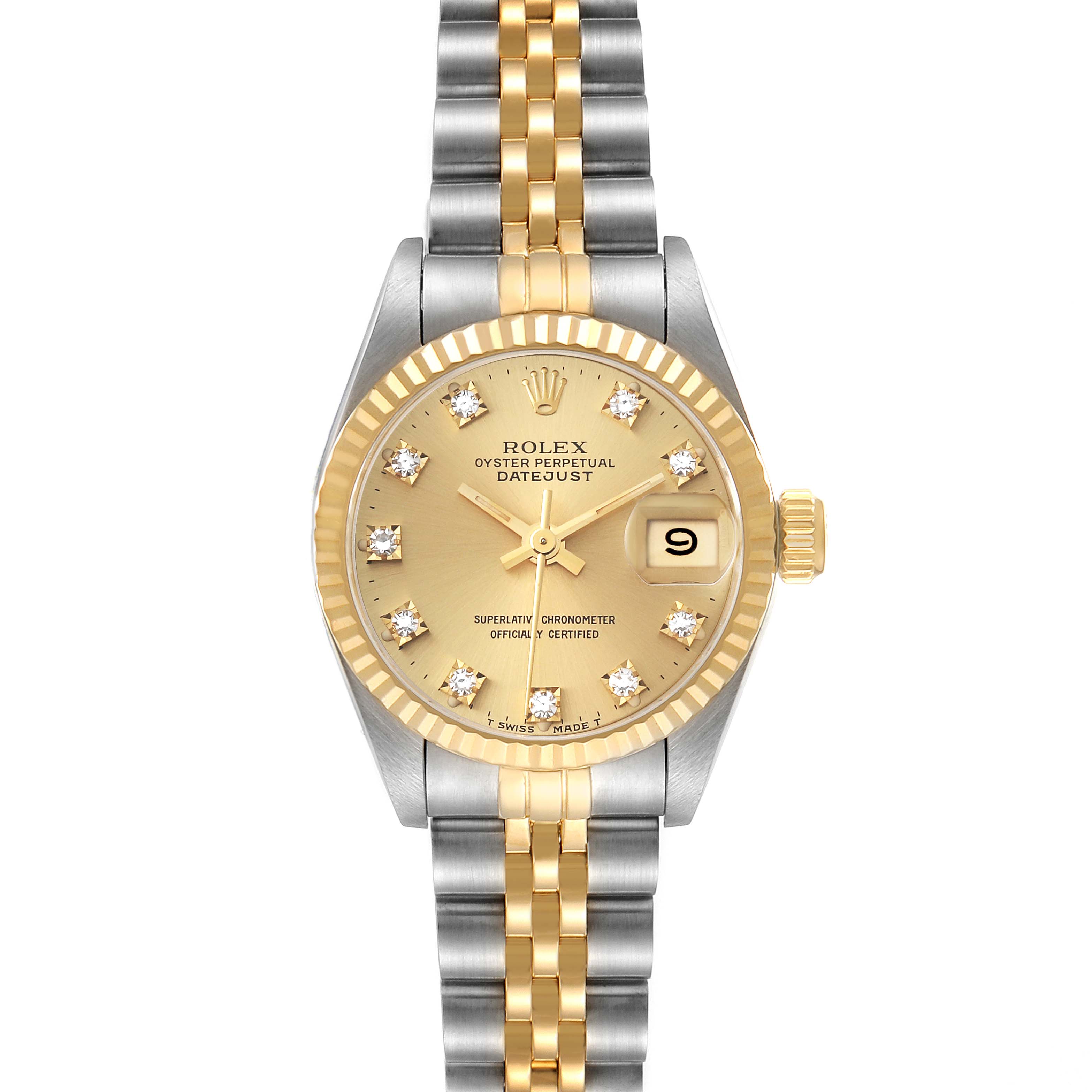 The Rolex Datejust 69173 Women's Steel and Gold (two tone) Champagne Dial 69173 Women's Steel and Gold (two tone) Champagne Dial watch is shown from a front angle, highlighting its dial, bezel, and two-tone bracelet.