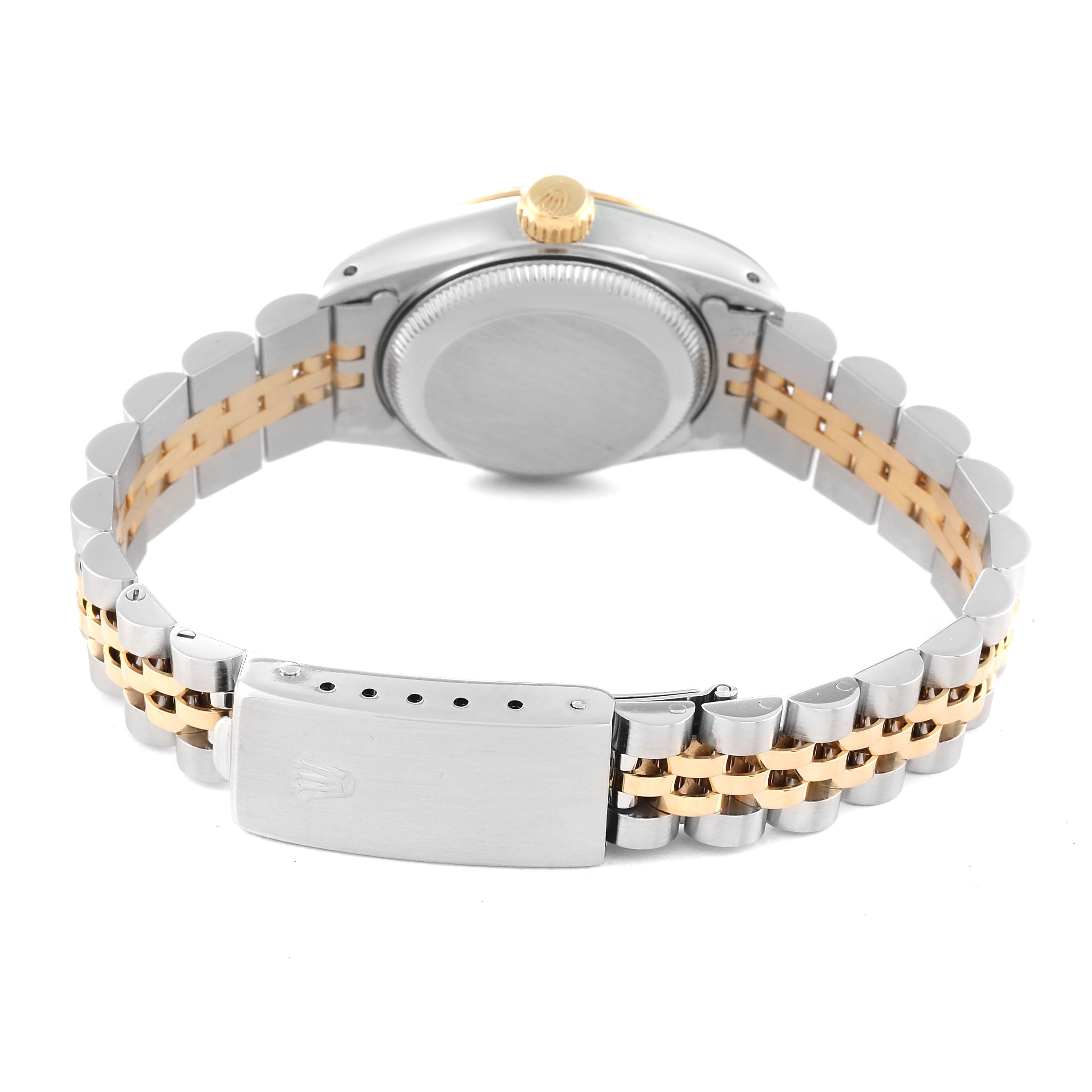The image shows the back view of a Rolex Datejust 69173 Women's Steel and Gold (two tone) Champagne Dial 69173 Women's Steel and Gold (two tone) Champagne Dial watch, highlighting the case back, crown, and two-tone Jubilee bracelet with the clasp.