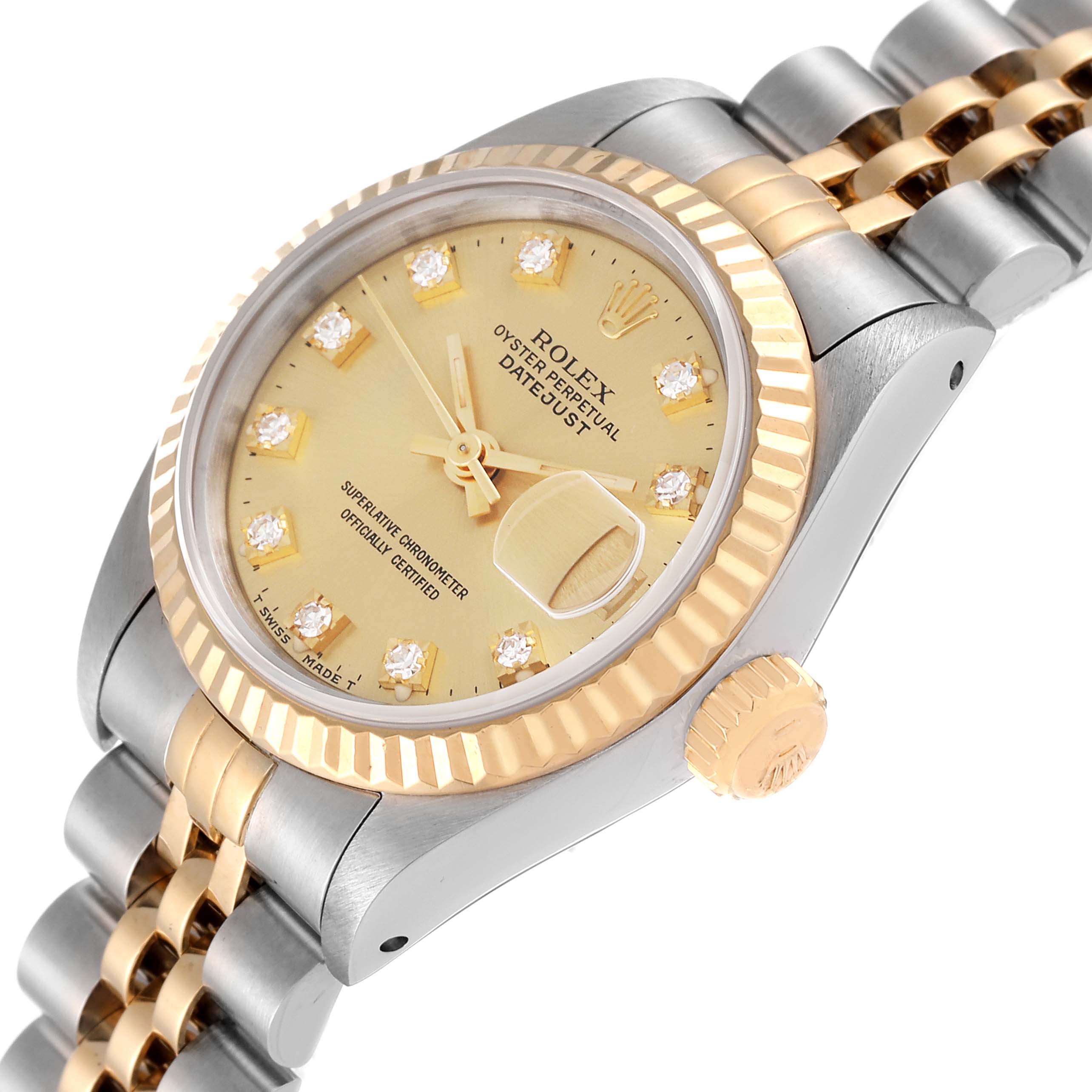 The image shows a close-up angle of the Rolex Datejust 69173 Women's Steel and Gold (two tone) Champagne Dial 69173 Women's Steel and Gold (two tone) Champagne Dial watch, highlighting the dial, bezel, and part of the bracelet.