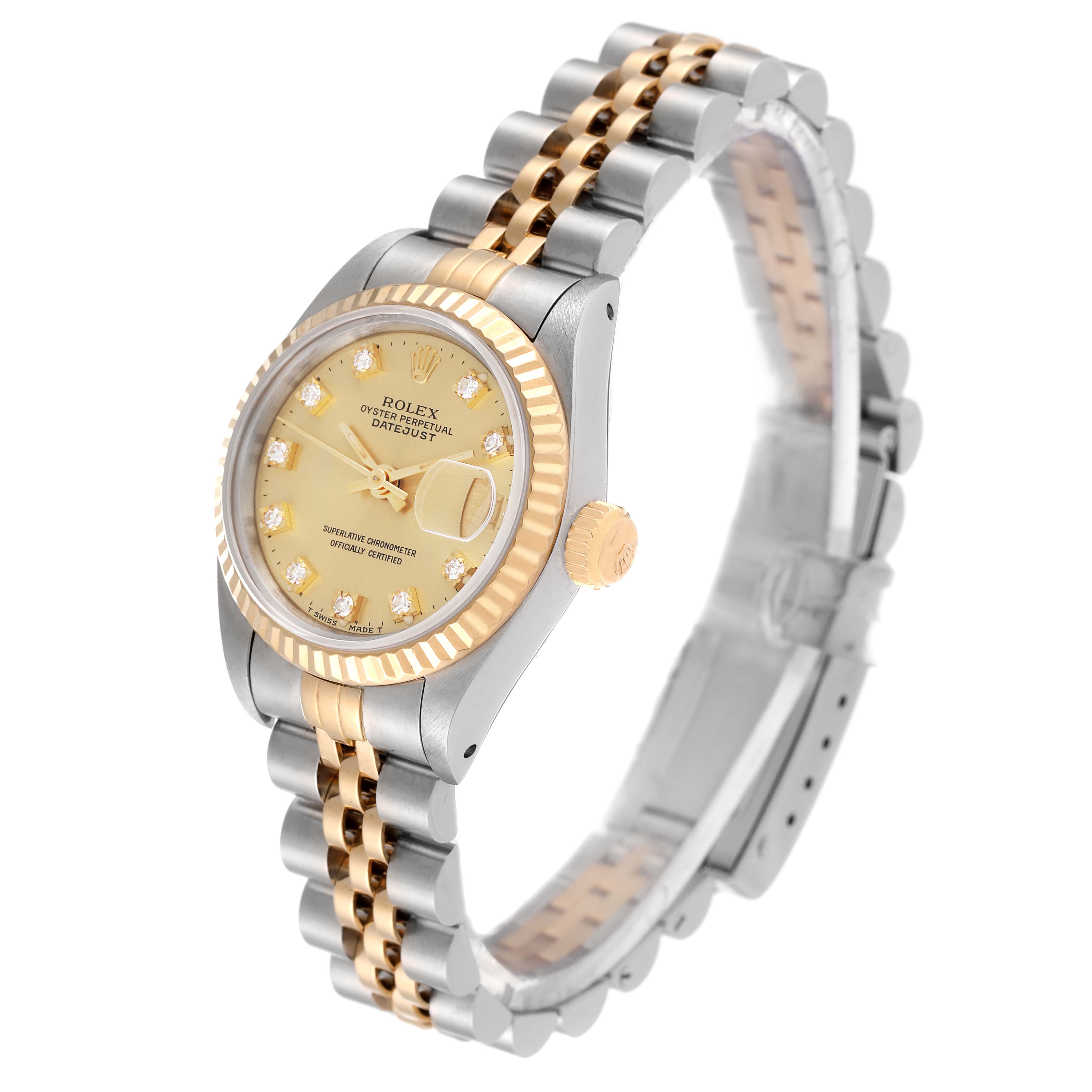 The Rolex Datejust 69173 Women's Steel and Gold (two tone) Champagne Dial 69173 Women's Steel and Gold (two tone) Champagne Dial watch is shown at a slight angle displaying its gold dial, fluted bezel, and two-tone Jubilee bracelet.