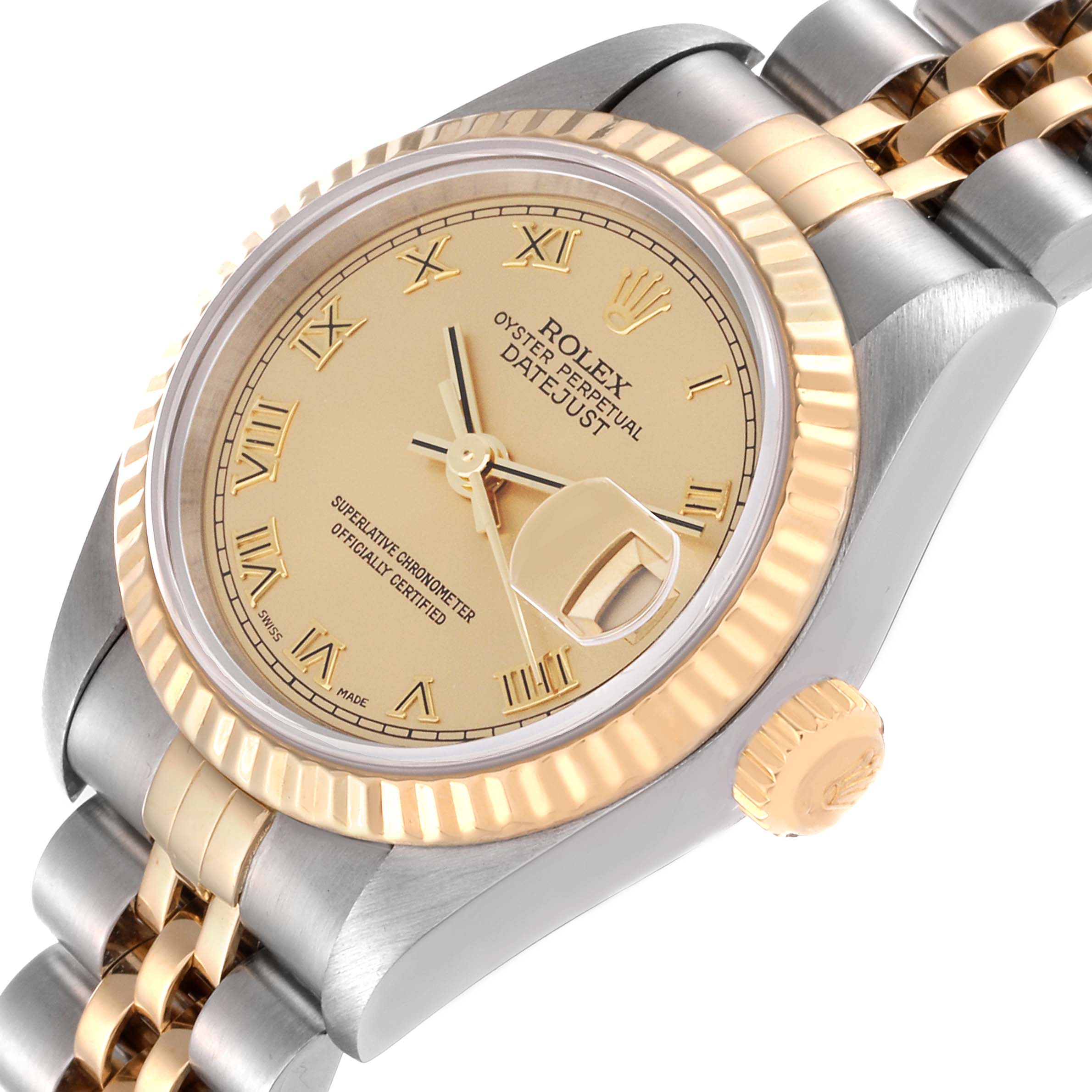 This image shows a close-up, angled view of the Rolex Datejust 79173 Women's Steel and Gold (two tone) Champagne Dial 79173 Women's Steel and Gold (two tone) Champagne Dial watch featuring its dial, bezel, and part of the bracelet.