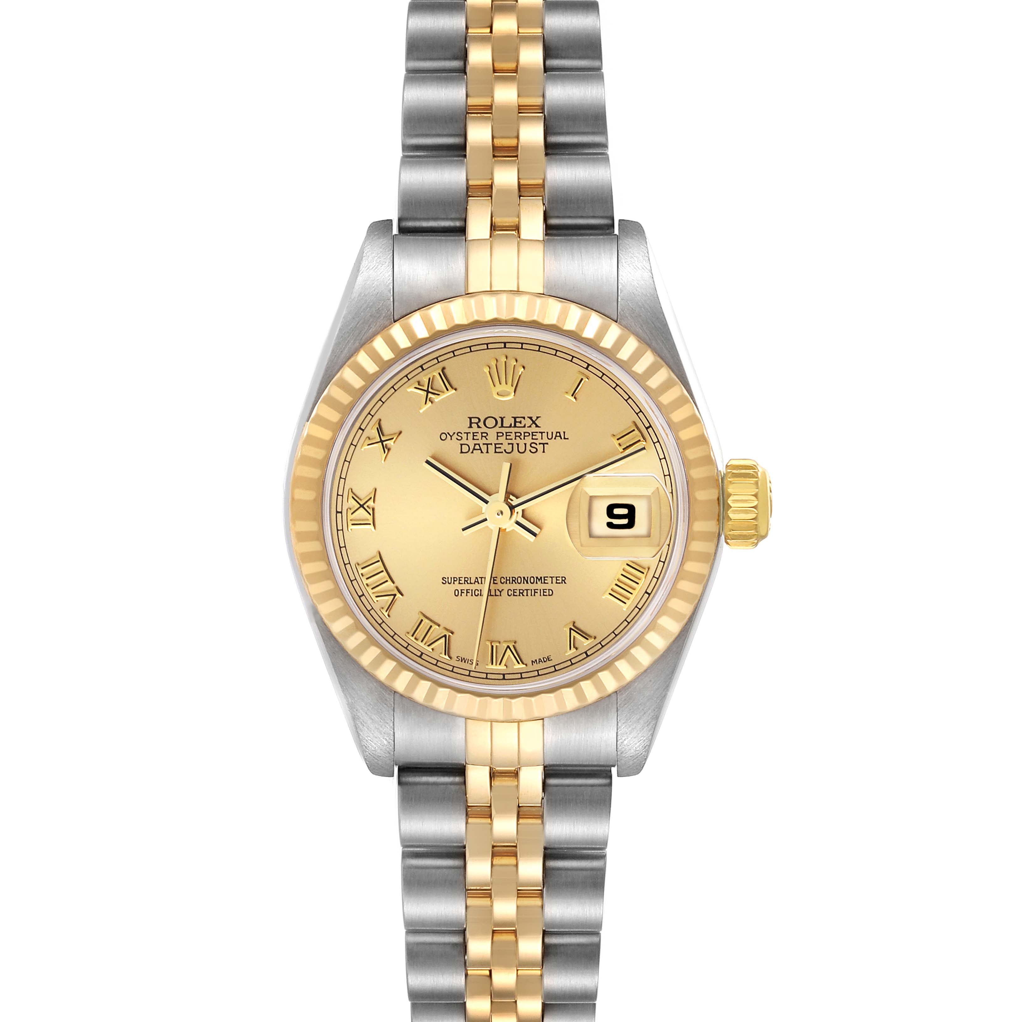 The image shows a front view of a Rolex Datejust 79173 Women's Steel and Gold (two tone) Champagne Dial 79173 Women's Steel and Gold (two tone) Champagne Dial watch, displaying its face, bezel, case, and two-tone bracelet.