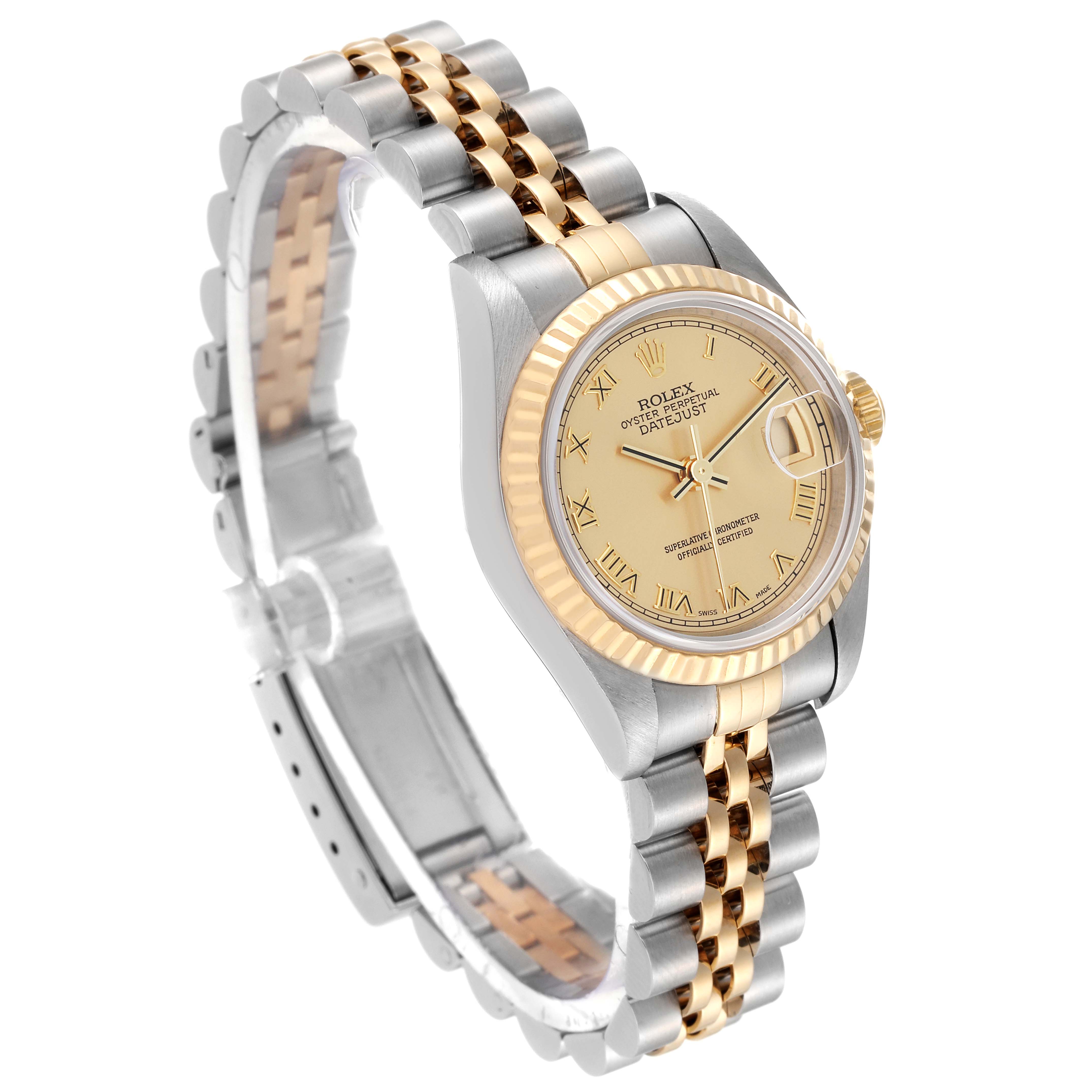 The image shows a Rolex Datejust 79173 Women's Steel and Gold (two tone) Champagne Dial 79173 Women's Steel and Gold (two tone) Champagne Dial watch at a three-quarter angle, highlighting its bracelet, face, and bezel.