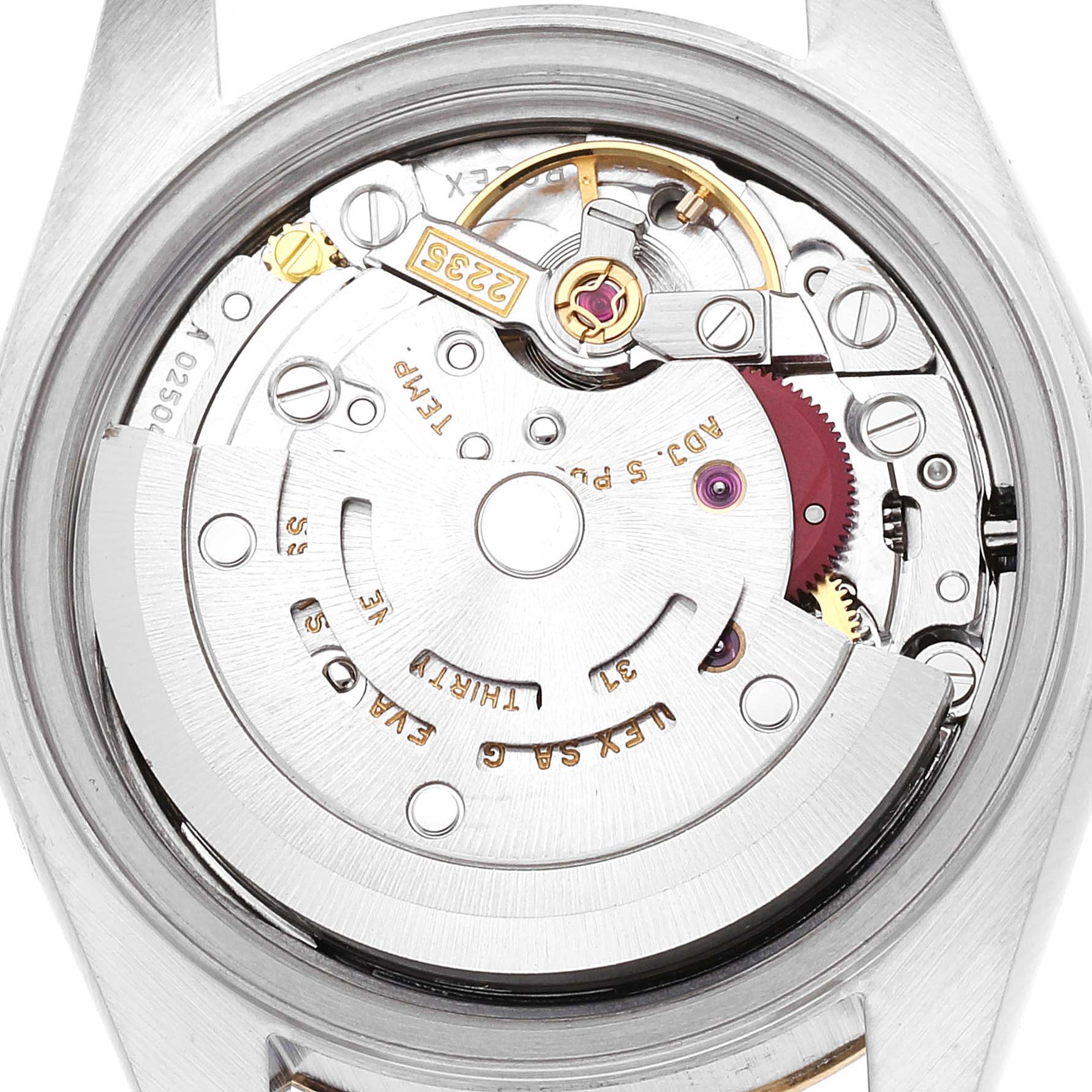 This image shows the intricate movement mechanism of a Rolex Datejust 79173 Women's Steel and Gold (two tone) Champagne Dial 79173 Women's Steel and Gold (two tone) Champagne Dial watch from a rear angle with the back cover removed.