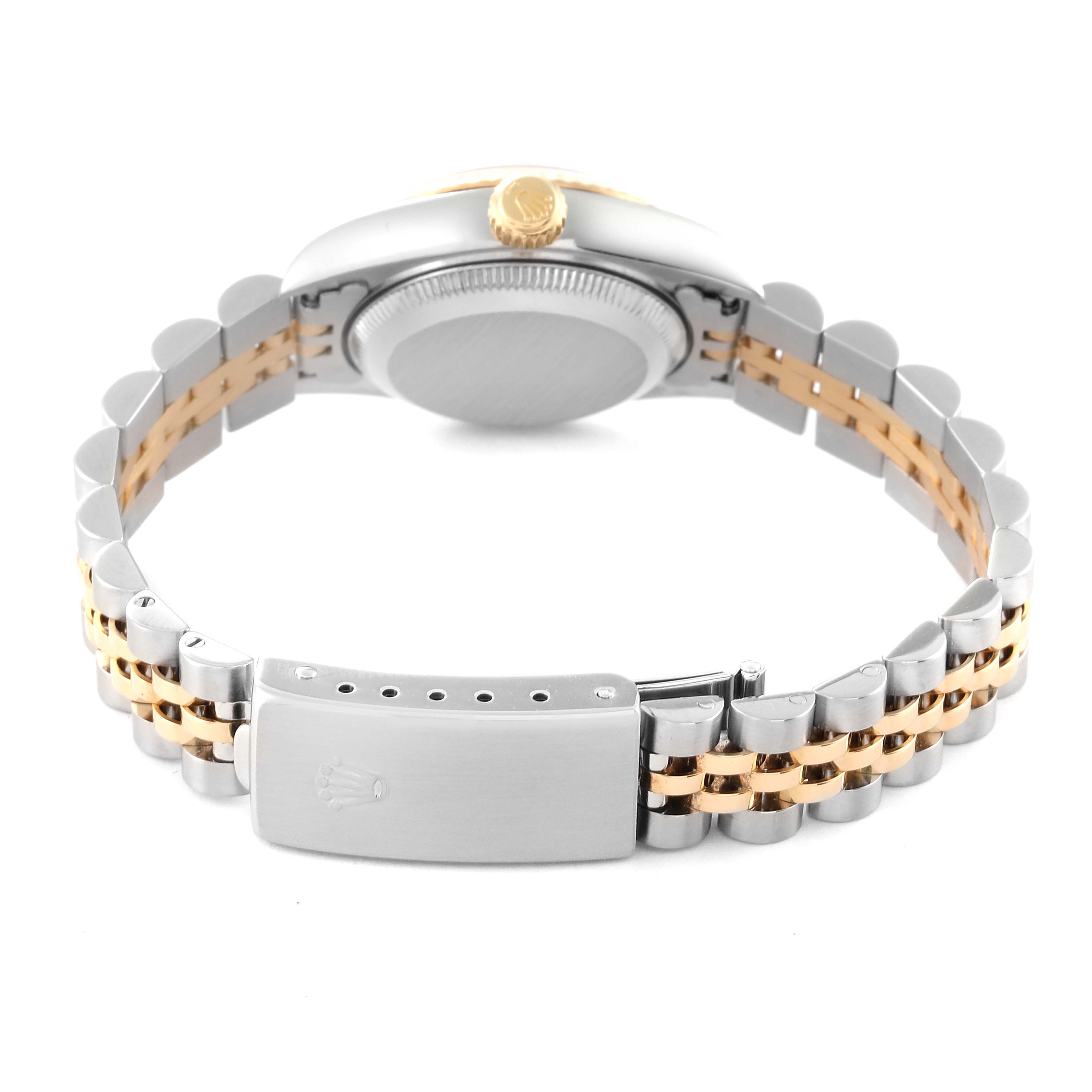 The image shows the back view of a Rolex Datejust 79173 Women's Steel and Gold (two tone) Champagne Dial 79173 Women's Steel and Gold (two tone) Champagne Dial watch, highlighting the bracelet and clasp.