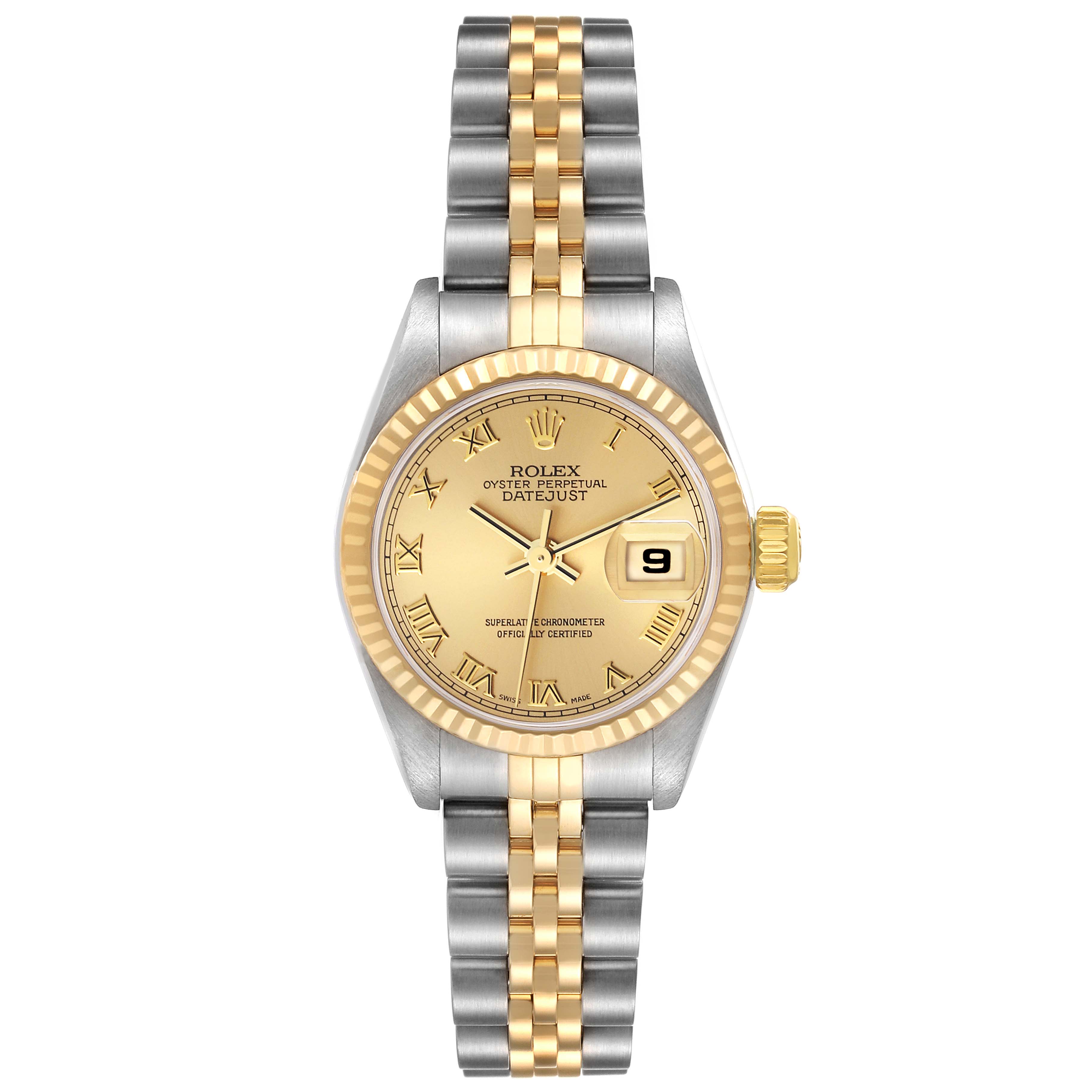 This Rolex Datejust 79173 Women's Steel and Gold (two tone) Champagne Dial 79173 Women's Steel and Gold (two tone) Champagne Dial watch is shown from the front, detailing the dial, bezel, and bracelet.