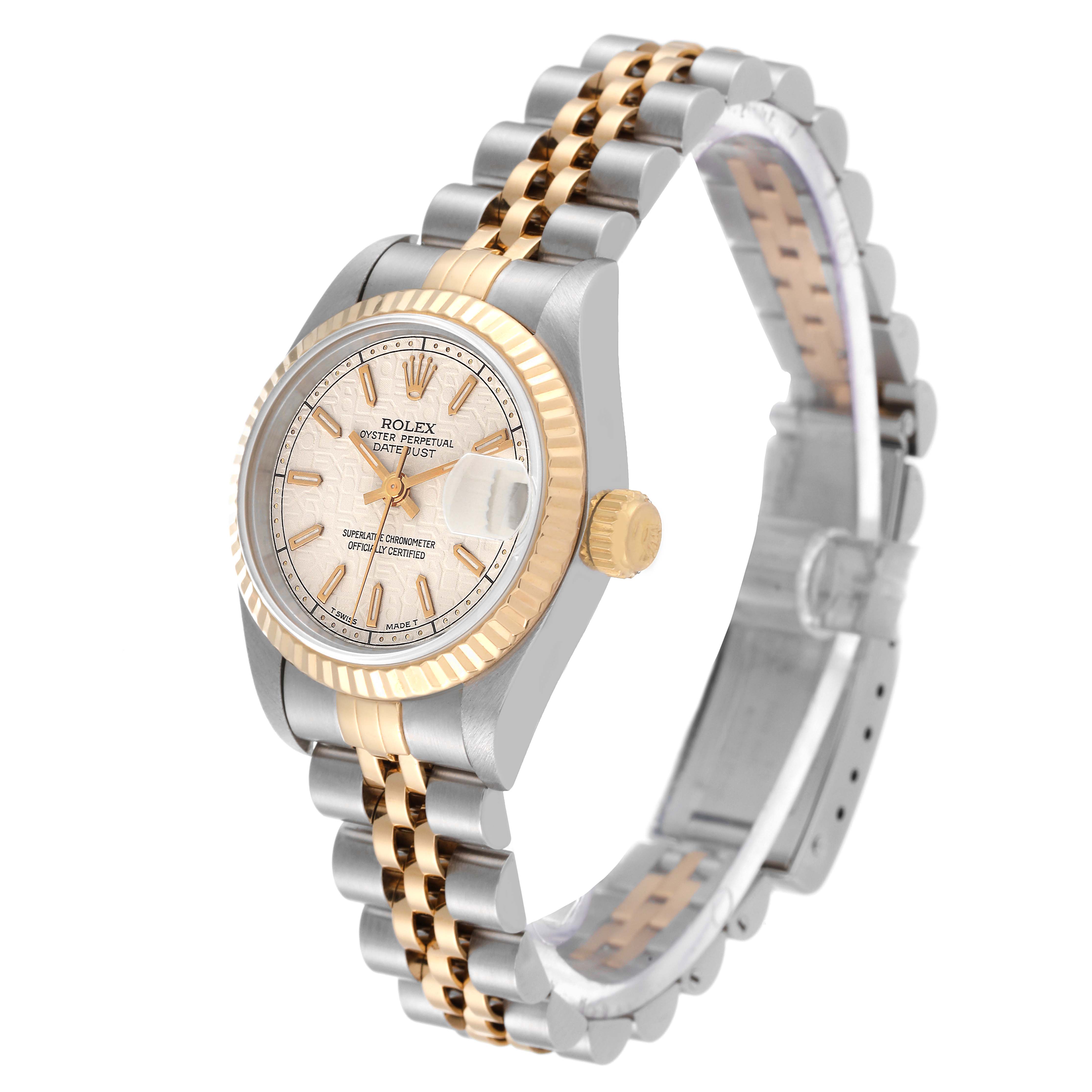The Rolex Datejust 69173 Women's Steel and Gold (two tone) Beige Dial 69173 Women's Steel and Gold (two tone) Beige Dial watch is shown at a slight angle, displaying its face, bezel, crown, and two-tone bracelet.